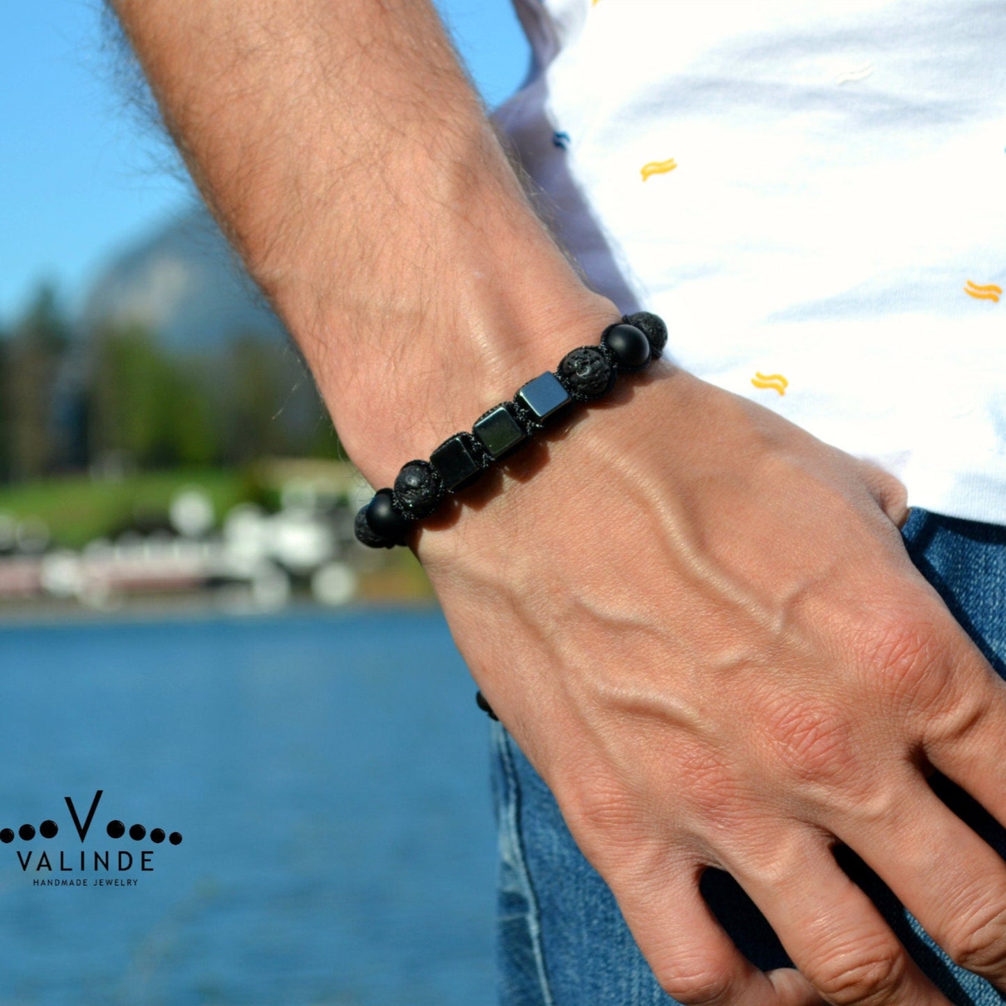 Men's Magnetic Hematite Bracelet Lava Stone Bracelet Onyx Bracelet Cube Beads Bracelet Adjustable Macrame Bracelet Gift for Men - Shamballa Bracelet - Mantra Bracelet - Yoga Bracelet - Birthstone Bracelet - Gemstone Bracelet Men - Chakra Bracelet - Macrame Bracelet - Healing Bracelet - Gift for Father - Gift For Men - Valinde