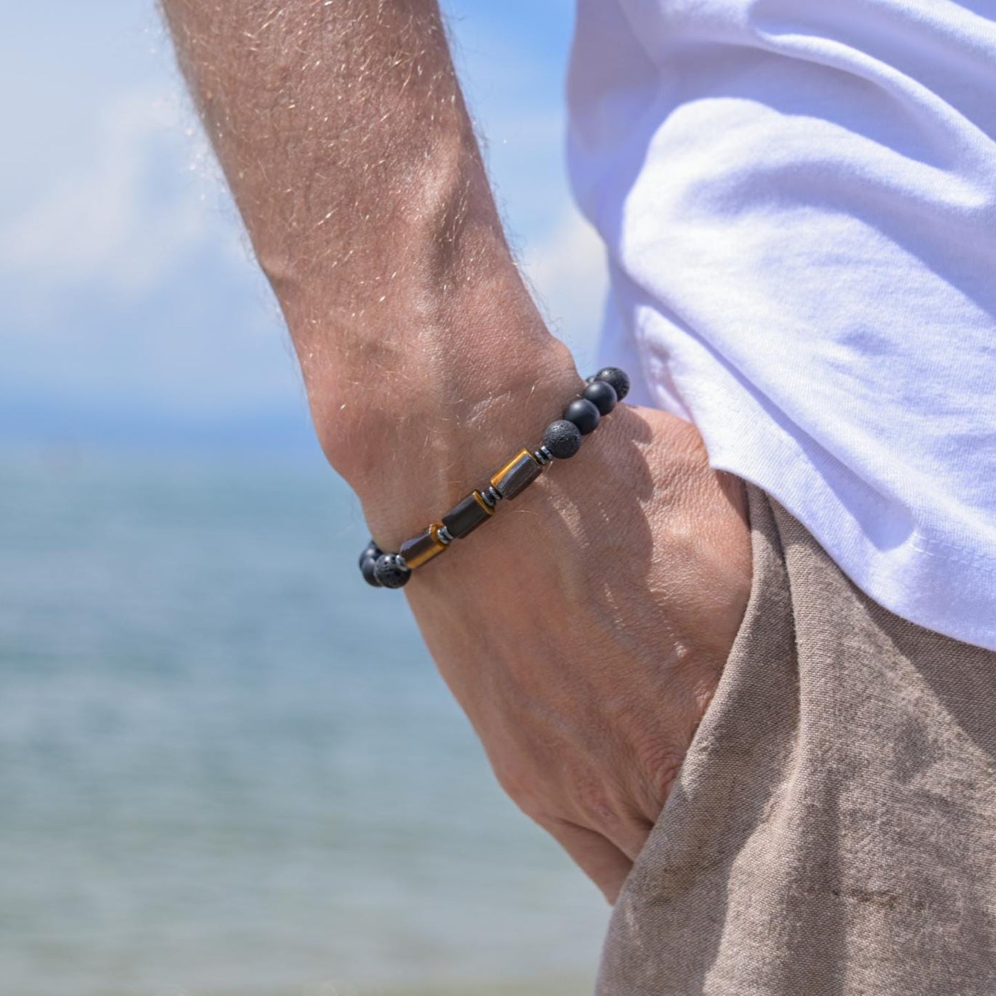 Tiger's Eye Stretch Bracelet, Men's Black Onyx Lava Stone Bracelet, Gift for Men, Elastic Beaded Bracelet, Christmas Gift, Men's Gift - Shamballa Bracelet - Birthstone Bracelet - Gemstone Bracelet Men - Chakra Bracelet - Macrame Bracelet - Healing Bracelet - Valinde