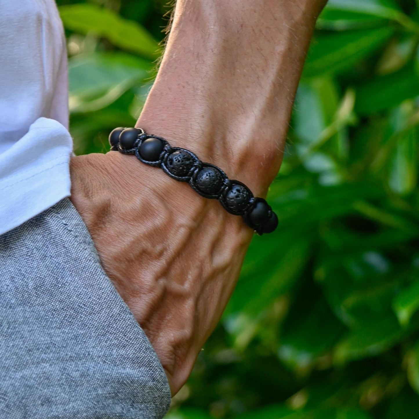Men's Black Lava Rock Onyx Adjustable Macrame Bracelet, Gift for Men, Gemstone Braided Bracelet, Black Beaded Bracelet, Lava Stone Jewelry - Shamballa Bracelet - Mantra Bracelet - Yoga Bracelet - Birthstone Bracelet - Gemstone Bracelet Men - Chakra Bracelet - Macrame Bracelet - Healing Bracelet - Gift for Father - Gift For Men - Valinde