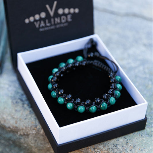 Genuine Malachite Triple Bracelet - Men's Three Rows Adjustable Bracelet - Black Agate Gemstone Bracelet - Gift for Men - Wide Bead Bracelet - Shamballa Bracelet - Birthstone Bracelet - Gemstone Bracelet Men - Chakra Bracelet - Macrame Bracelet - Healing Bracelet - Valinde