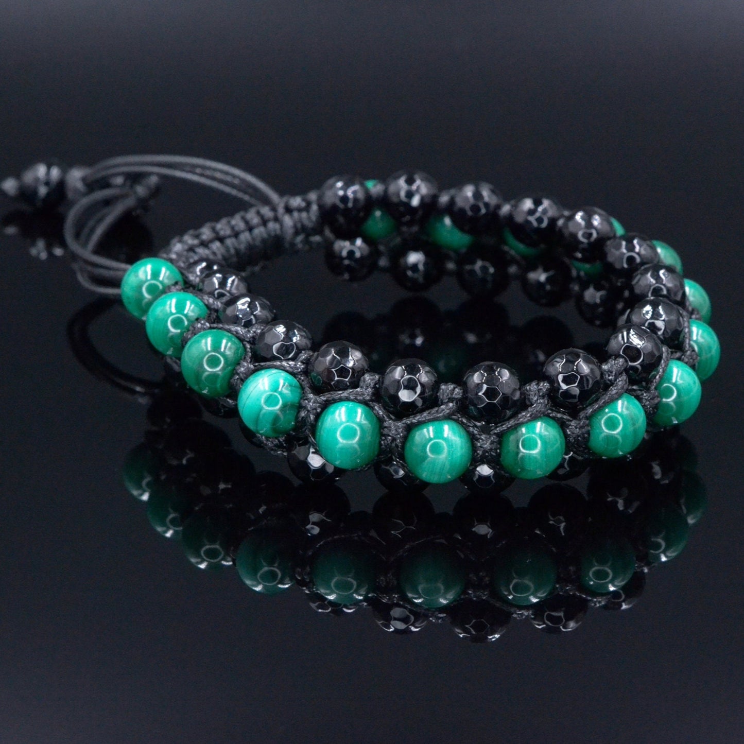 Genuine Malachite Triple Bracelet - Men's Three Rows Adjustable Bracelet - Black Agate Gemstone Bracelet - Gift for Men - Wide Bead Bracelet - Shamballa Bracelet - Birthstone Bracelet - Gemstone Bracelet Men - Chakra Bracelet - Macrame Bracelet - Healing Bracelet - Valinde