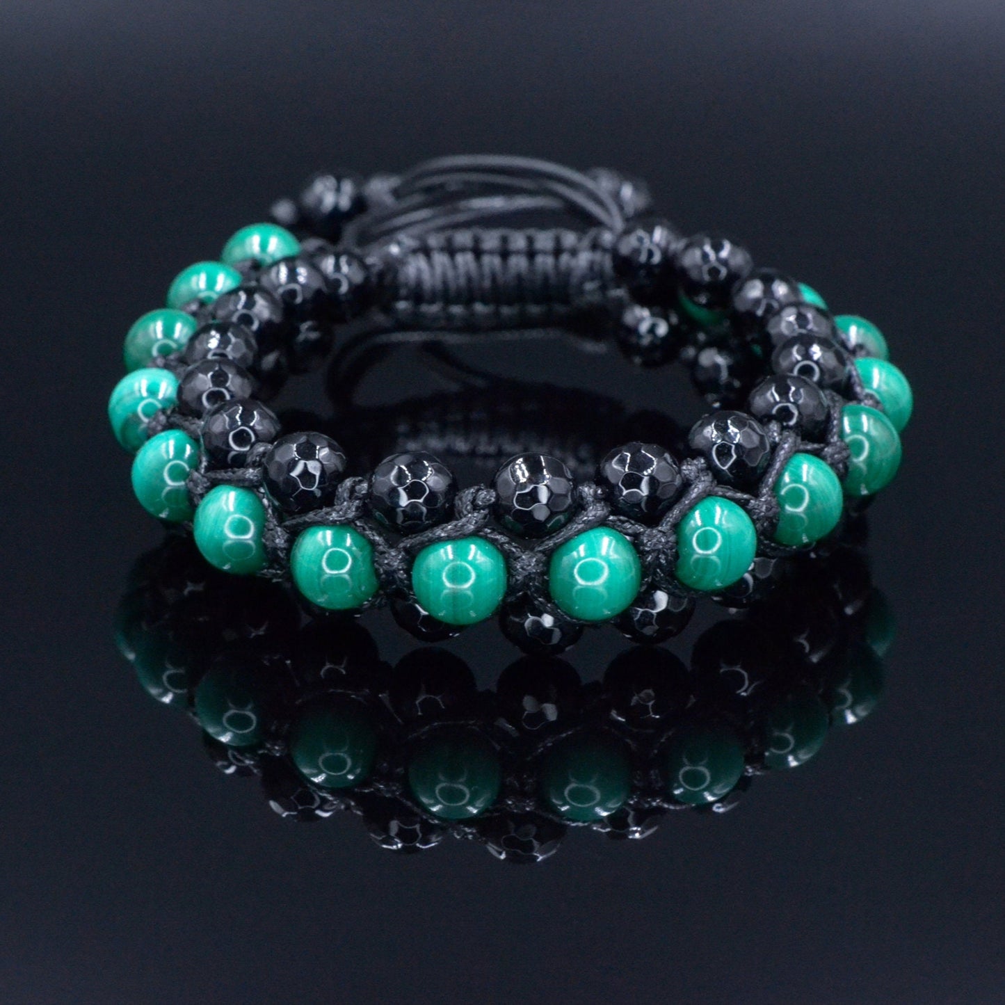Genuine Malachite Triple Bracelet - Men's Three Rows Adjustable Bracelet - Black Agate Gemstone Bracelet - Gift for Men - Wide Bead Bracelet - Shamballa Bracelet - Birthstone Bracelet - Gemstone Bracelet Men - Chakra Bracelet - Macrame Bracelet - Healing Bracelet - Valinde