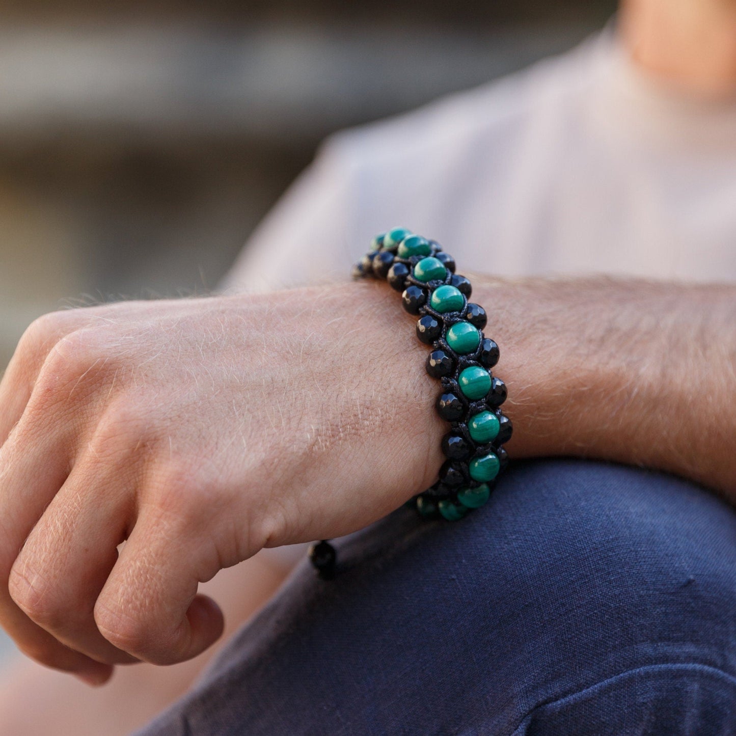 Genuine Malachite Triple Bracelet - Men's Three Rows Adjustable Bracelet - Black Agate Gemstone Bracelet - Gift for Men - Wide Bead Bracelet - Shamballa Bracelet - Birthstone Bracelet - Gemstone Bracelet Men - Chakra Bracelet - Macrame Bracelet - Healing Bracelet - Valinde