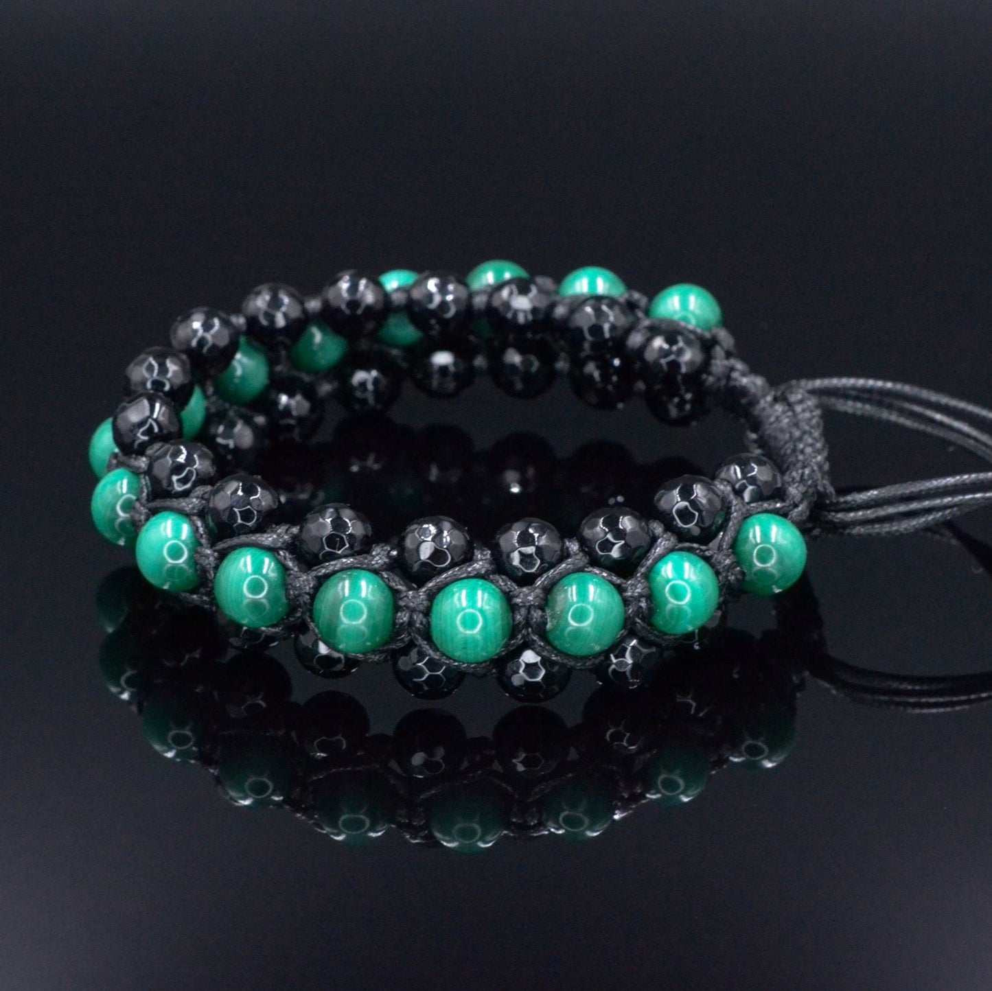 Genuine Malachite Triple Bracelet - Men's Three Rows Adjustable Bracelet - Black Agate Gemstone Bracelet - Gift for Men - Wide Bead Bracelet - Shamballa Bracelet - Birthstone Bracelet - Gemstone Bracelet Men - Chakra Bracelet - Macrame Bracelet - Healing Bracelet - Valinde