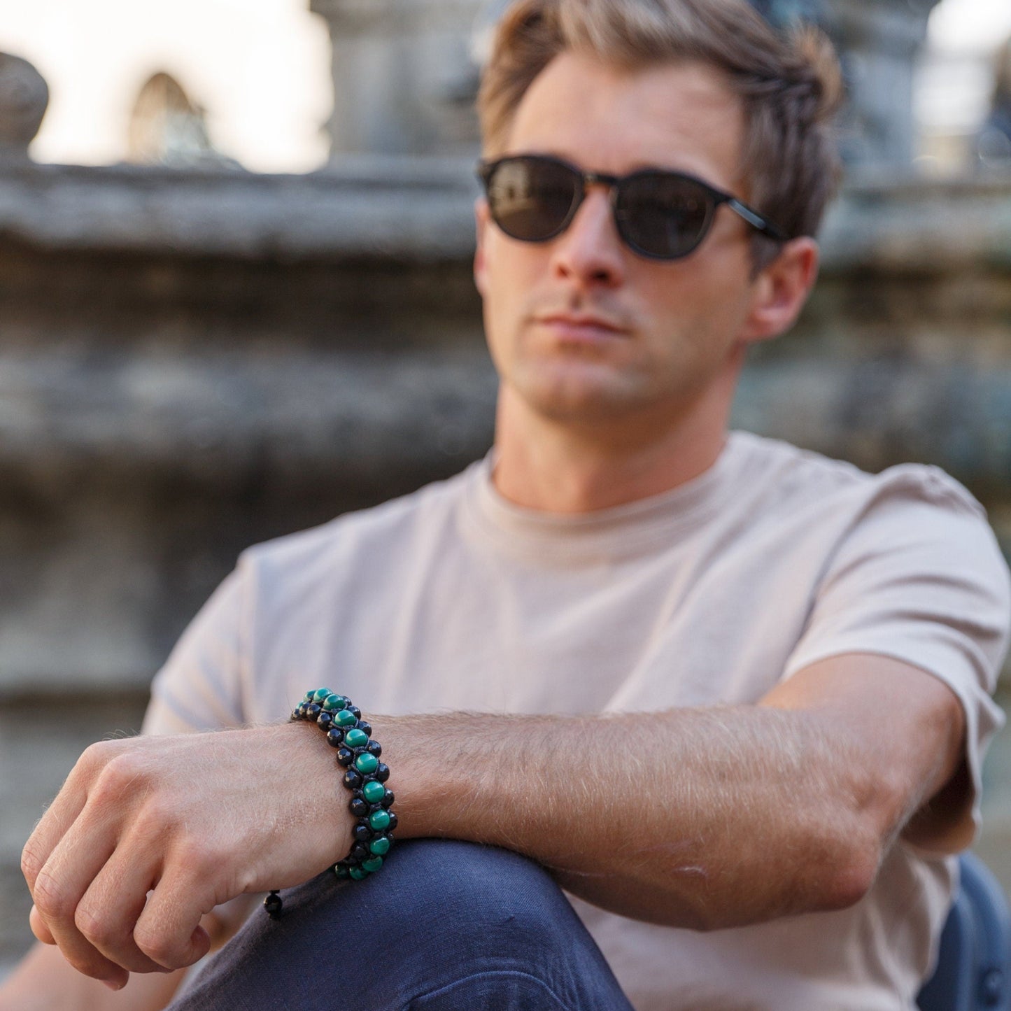Genuine Malachite Triple Bracelet - Men's Three Rows Adjustable Bracelet - Black Agate Gemstone Bracelet - Gift for Men - Wide Bead Bracelet - Shamballa Bracelet - Birthstone Bracelet - Gemstone Bracelet Men - Chakra Bracelet - Macrame Bracelet - Healing Bracelet - Valinde