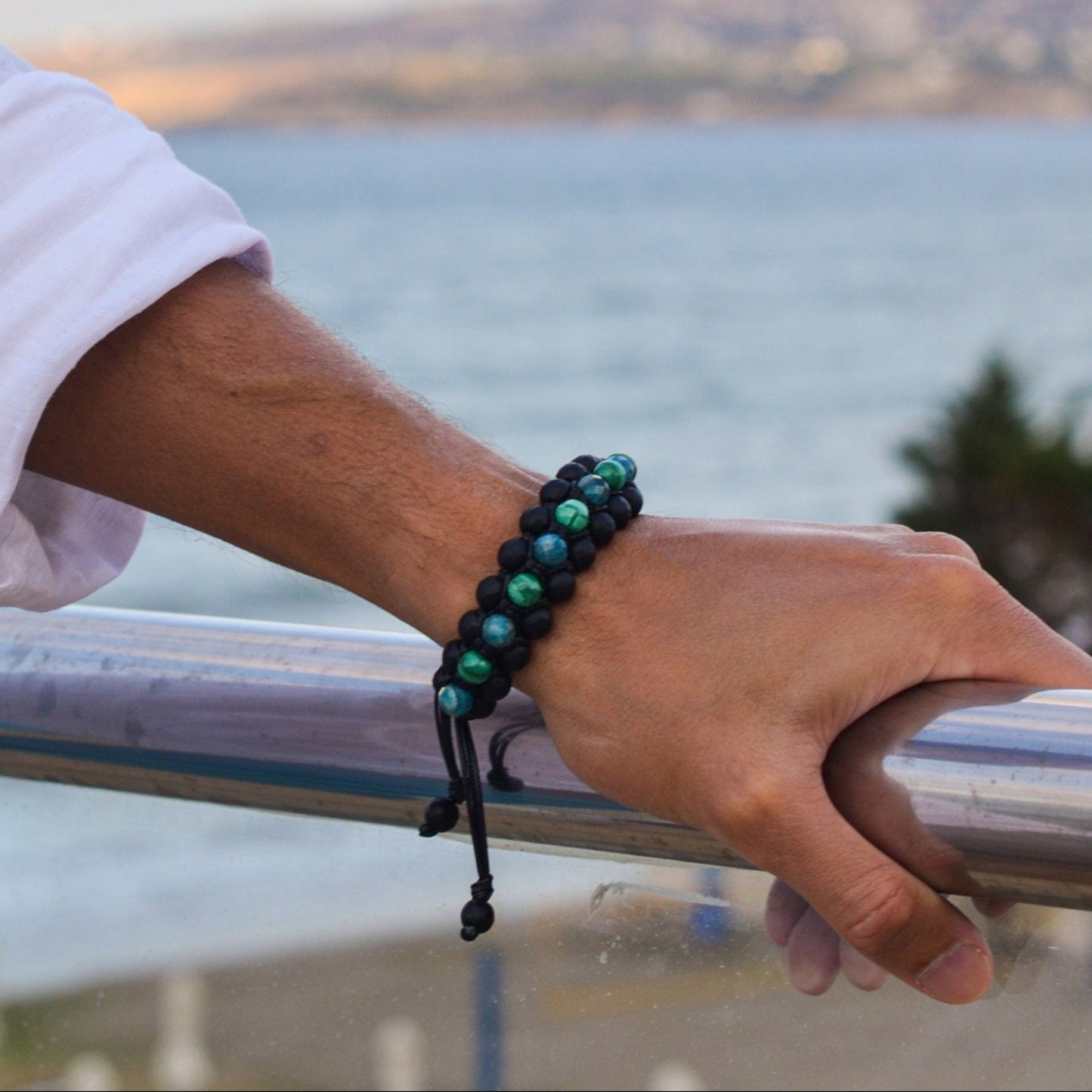 Malachite & Apatite Triple Bracelet for Men - Men's 3 Rows Macrame Bracelet - Black Onyx Bracelet - Gift for Men - Father's Day Gift- Shamballa Bracelet - Birthstone Bracelet - Gemstone Bracelet Men - Chakra Bracelet - Macrame Bracelet - Healing Bracelet - Valinde