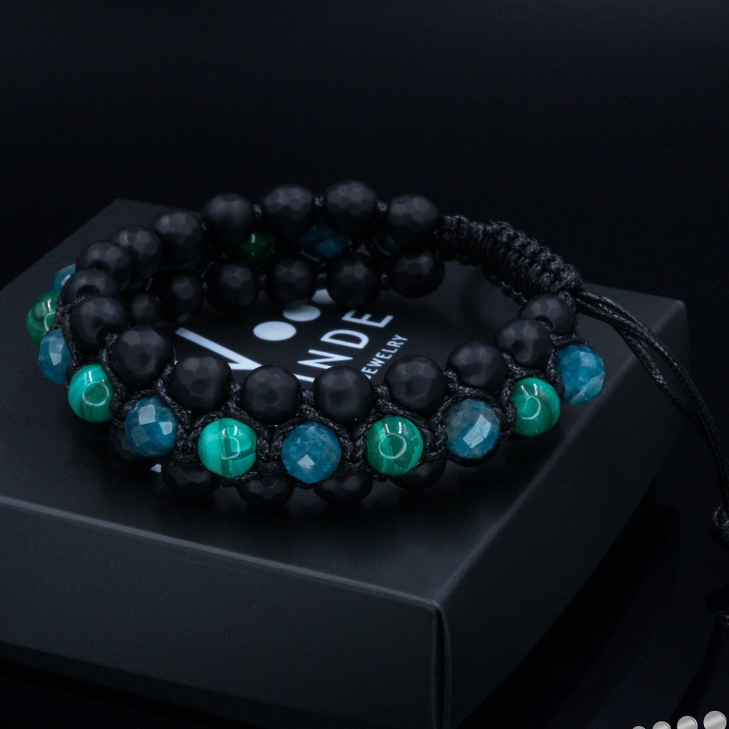 Malachite & Apatite Triple Bracelet for Men - Men's 3 Rows Macrame Bracelet - Black Onyx Bracelet - Gift for Men - Father's Day Gift- Shamballa Bracelet - Birthstone Bracelet - Gemstone Bracelet Men - Chakra Bracelet - Macrame Bracelet - Healing Bracelet - Valinde