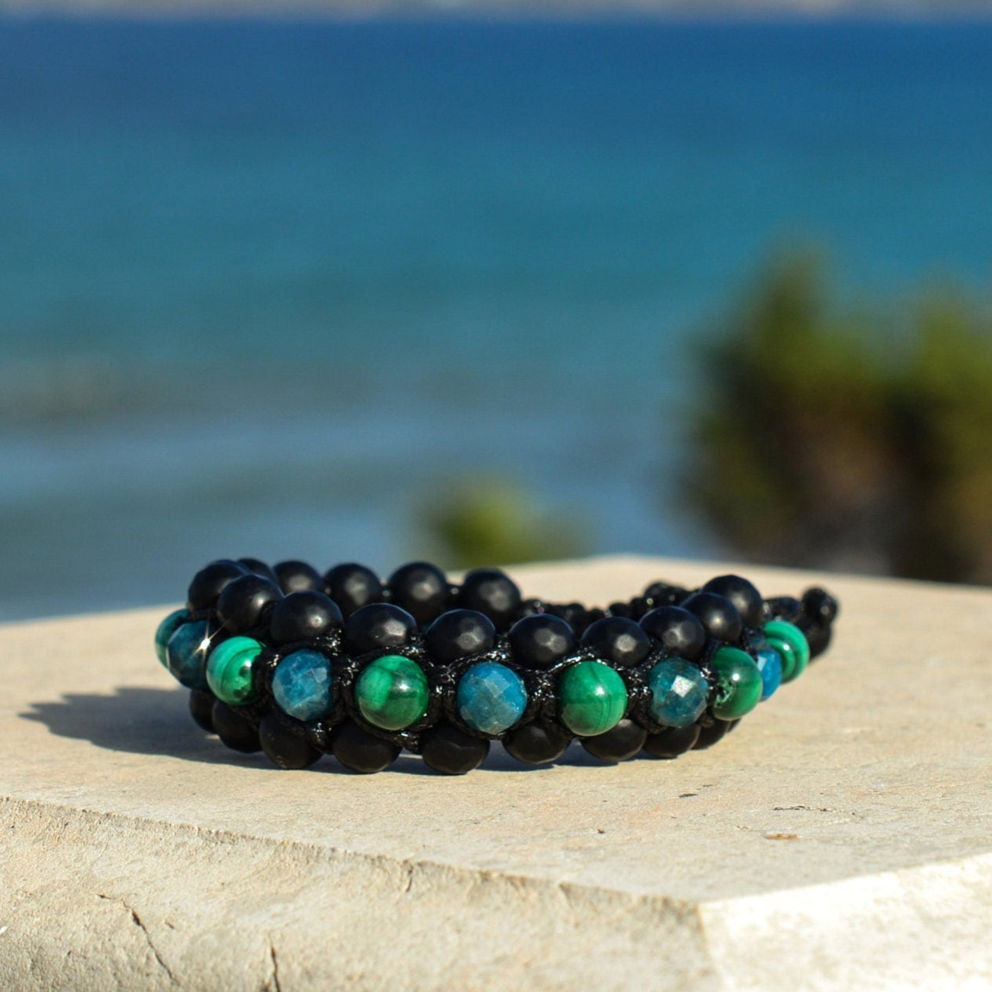 Malachite & Apatite Triple Bracelet for Men - Men's 3 Rows Macrame Bracelet - Black Onyx Bracelet - Gift for Men - Father's Day Gift- Shamballa Bracelet - Birthstone Bracelet - Gemstone Bracelet Men - Chakra Bracelet - Macrame Bracelet - Healing Bracelet - Valinde