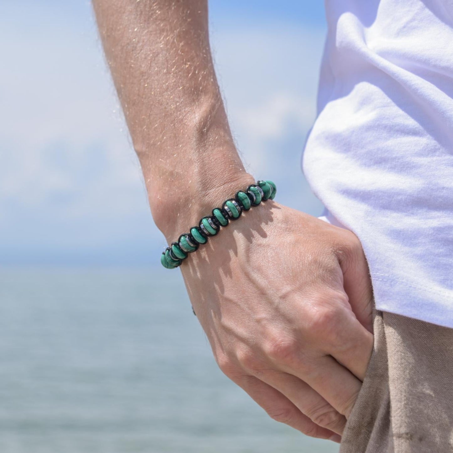 Malachite Bracelet Men, Gemstone Hematite Bracelet, Braided Adjustable Bracelet, Gift for Men, Christmas Gift, Green Stone Bead Bracelet - Shamballa Bracelet - Birthstone Bracelet - Gemstone Bracelet Men - Chakra Bracelet
