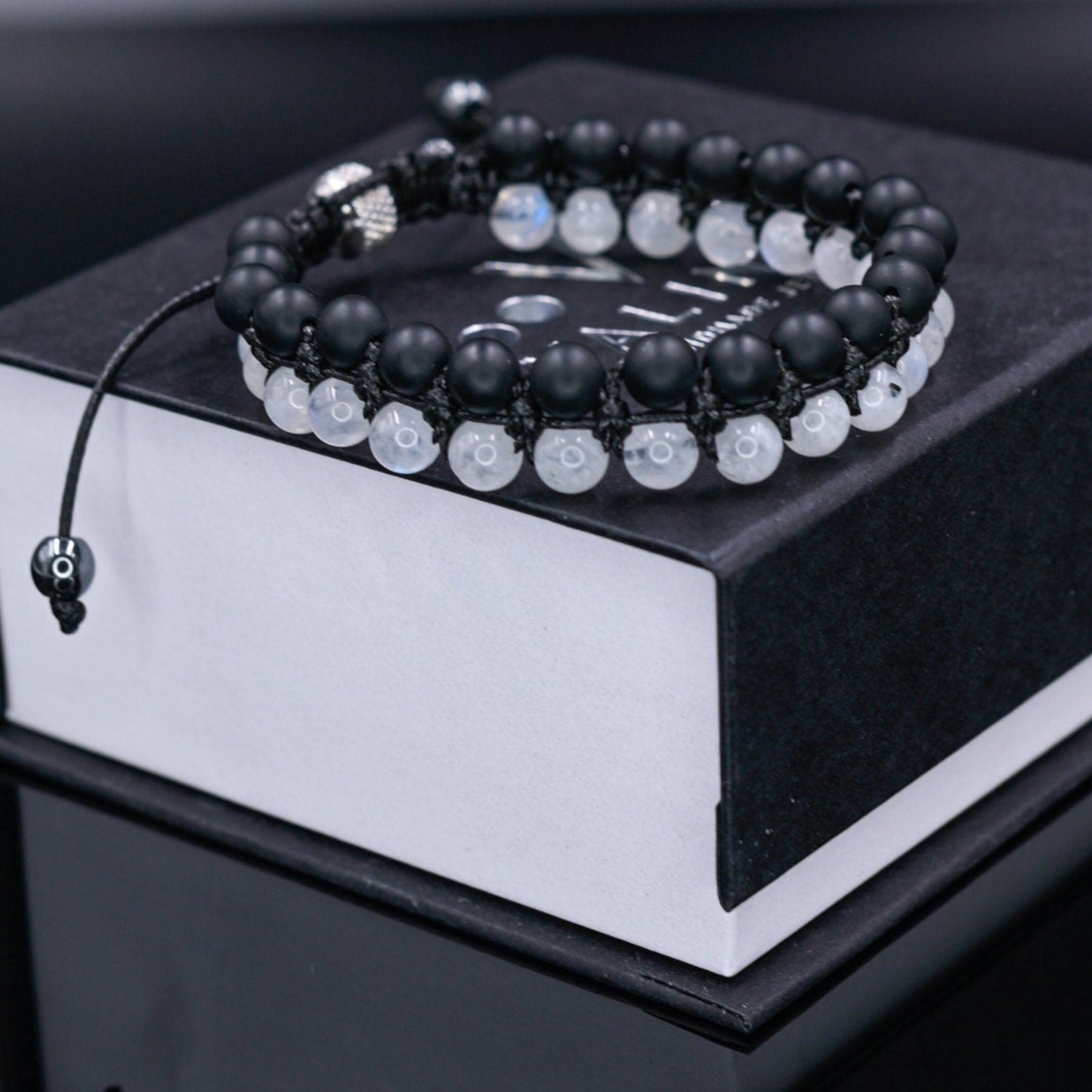Moonstone Double Row Bracelet, Men's Black Onyx Gemstone Bracelet, Adjustable Macrame Bracelet, Gift for Men, Crystal Beads Bracelet for Men - Shamballa Bracelet - Mantra Bracelet - Yoga Bracelet - Birthstone Bracelet - Gemstone Bracelet Men - Chakra Bracelet - Macrame Bracelet - Healing Bracelet - Gift for Father - Gift For Men - Valinde