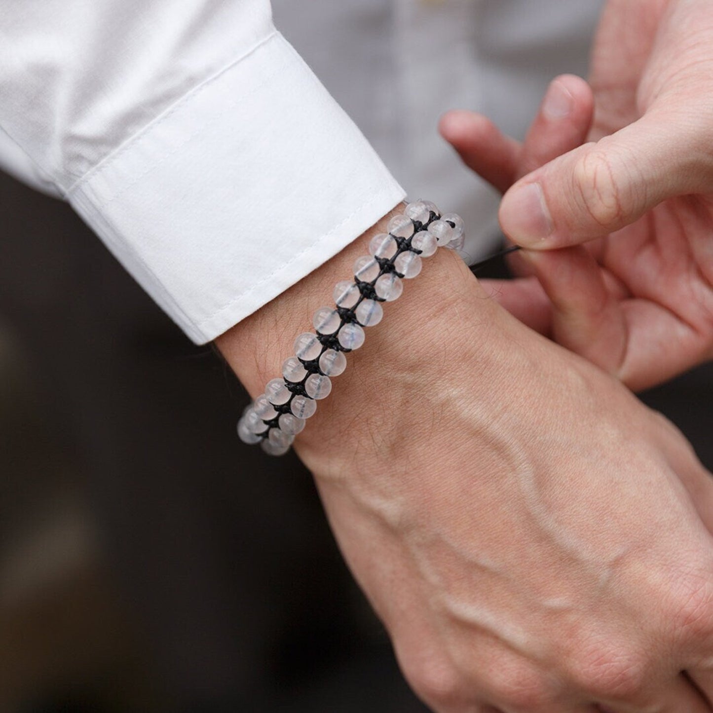 Genuine Moonstone Bracelet - Men's Double Row Crystal Beaded Bracelet - Gift for Men - White Moonstone Braided Bracelet - Birthday Gift - Shamballa Bracelet - Birthstone Bracelet - Gemstone Bracelet Men - Chakra Bracelet - Macrame Bracelet - Healing Bracelet - Valinde