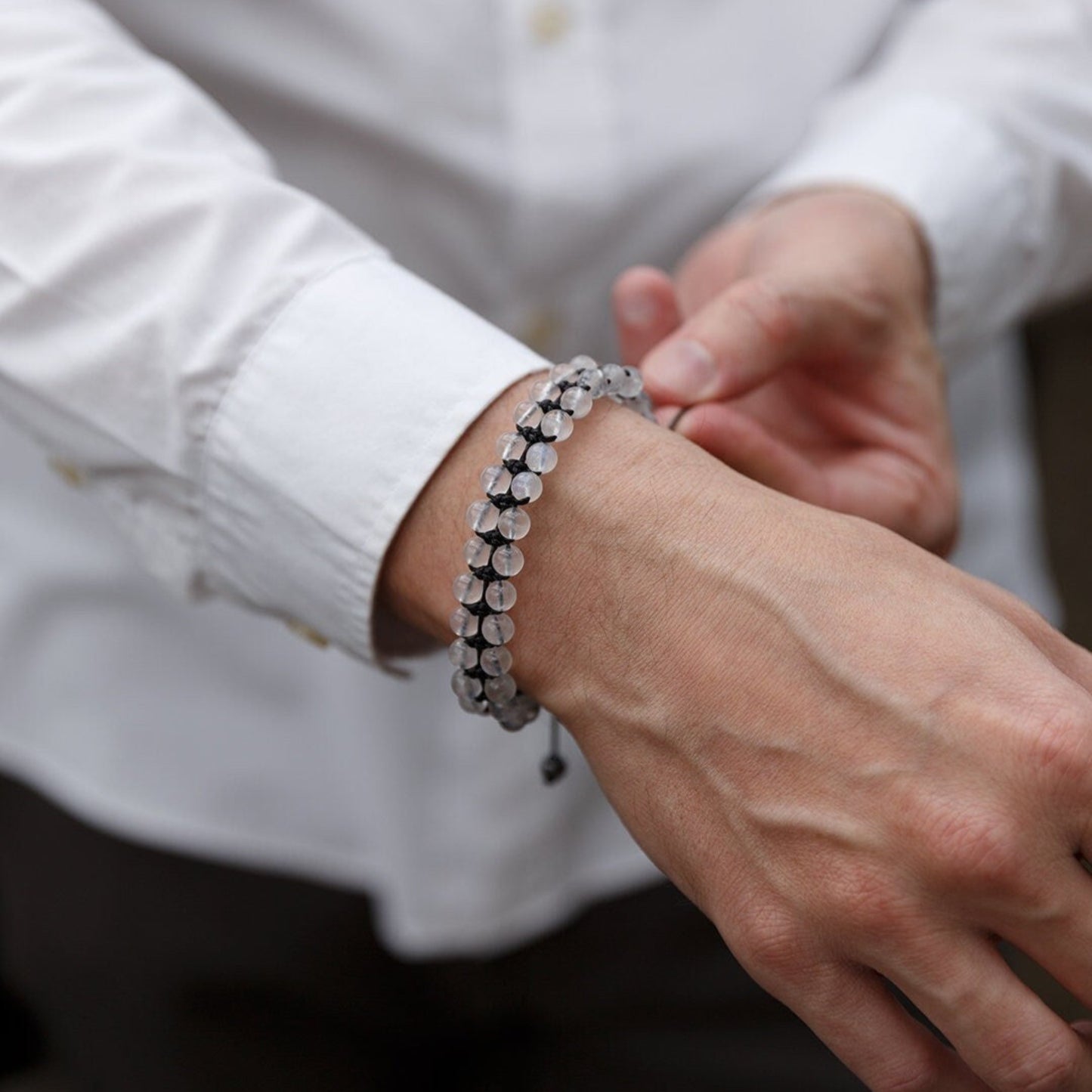 Genuine Moonstone Bracelet - Men's Double Row Crystal Beaded Bracelet - Gift for Men - White Moonstone Braided Bracelet - Birthday Gift - Shamballa Bracelet - Birthstone Bracelet - Gemstone Bracelet Men - Chakra Bracelet - Macrame Bracelet - Healing Bracelet - Valinde