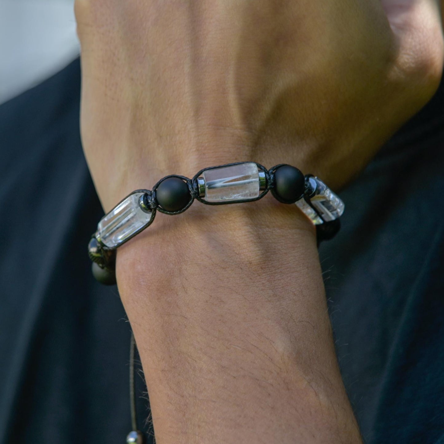 Men's Clear Quartz Healing Gemstone Bracelet, Black Onyx Steel Beaded Bracelet, Gift for Men, Adjustable Braided Bracelet- Shamballa Bracelet - Mantra Bracelet - Yoga Bracelet - Birthstone Bracelet - Gemstone Bracelet Men - Chakra Bracelet - Macrame Bracelet - Healing Bracelet - Gift for Father - Gift For Men - Valinde