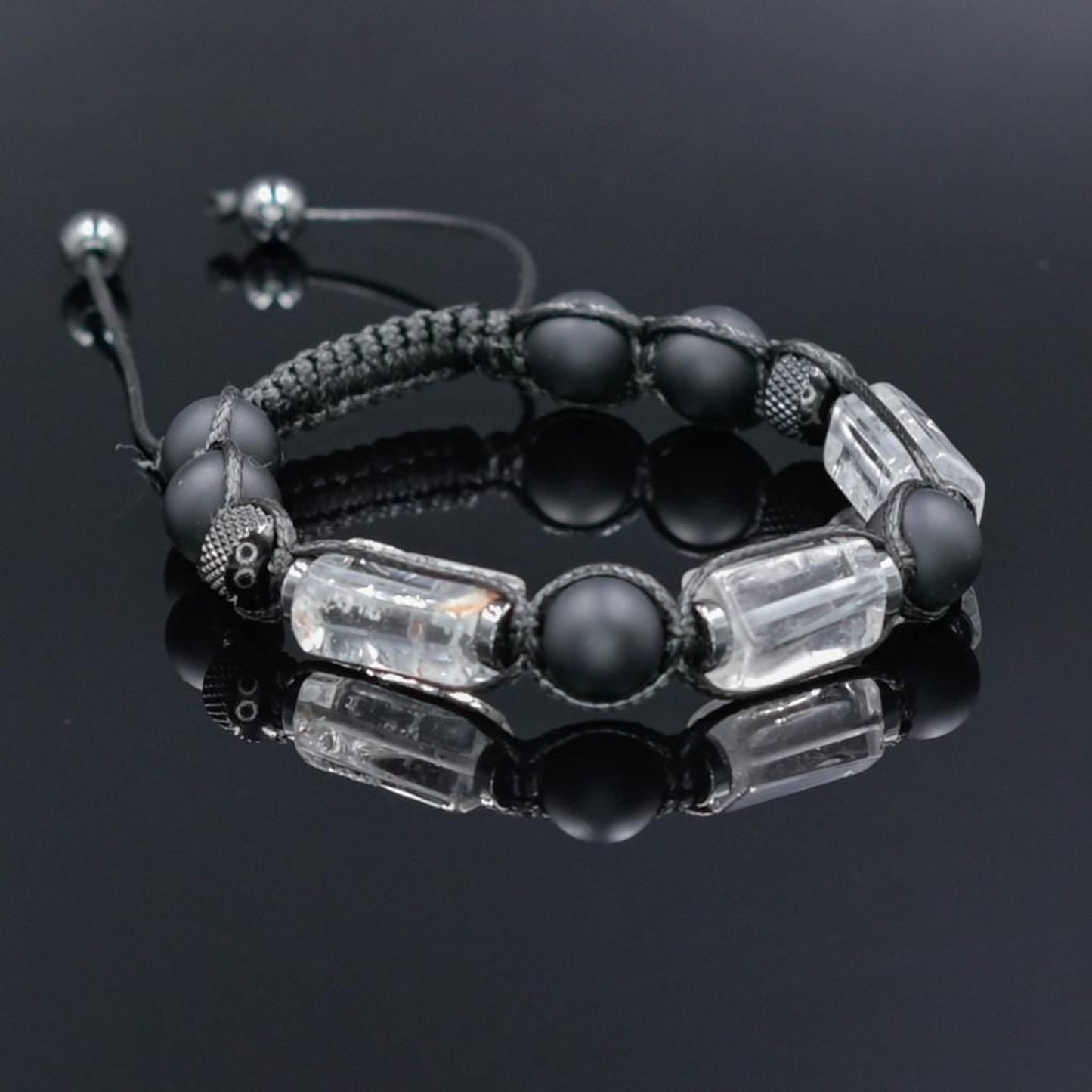 Men's Clear Quartz Healing Gemstone Bracelet, Black Onyx Steel Beaded Bracelet, Gift for Men, Adjustable Braided Bracelet- Shamballa Bracelet - Mantra Bracelet - Yoga Bracelet - Birthstone Bracelet - Gemstone Bracelet Men - Chakra Bracelet - Macrame Bracelet - Healing Bracelet - Gift for Father - Gift For Men - Valinde