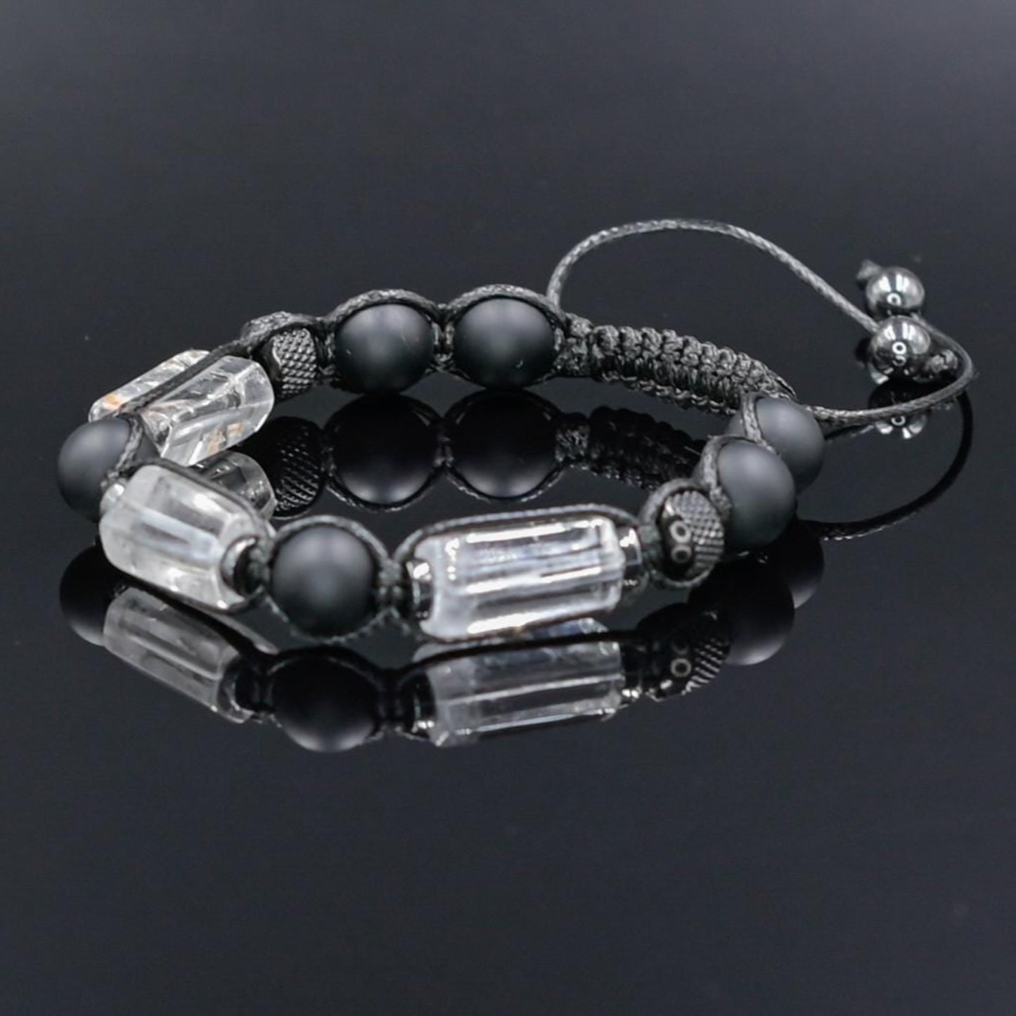 Men's Clear Quartz Healing Gemstone Bracelet, Black Onyx Steel Beaded Bracelet, Gift for Men, Adjustable Braided Bracelet- Shamballa Bracelet - Mantra Bracelet - Yoga Bracelet - Birthstone Bracelet - Gemstone Bracelet Men - Chakra Bracelet - Macrame Bracelet - Healing Bracelet - Gift for Father - Gift For Men - Valinde
