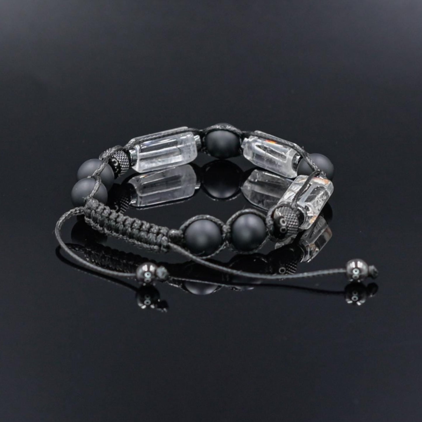 Men's Clear Quartz Healing Gemstone Bracelet, Black Onyx Steel Beaded Bracelet, Gift for Men, Adjustable Braided Bracelet- Shamballa Bracelet - Mantra Bracelet - Yoga Bracelet - Birthstone Bracelet - Gemstone Bracelet Men - Chakra Bracelet - Macrame Bracelet - Healing Bracelet - Gift for Father - Gift For Men - Valinde