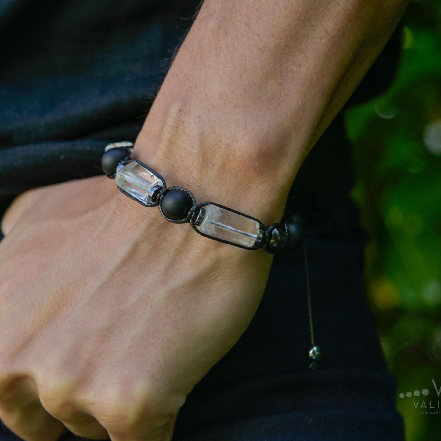 Men's Clear Quartz Healing Gemstone Bracelet, Black Onyx Steel Beaded Bracelet, Gift for Men, Adjustable Braided Bracelet- Shamballa Bracelet - Mantra Bracelet - Yoga Bracelet - Birthstone Bracelet - Gemstone Bracelet Men - Chakra Bracelet - Macrame Bracelet - Healing Bracelet - Gift for Father - Gift For Men - Valinde