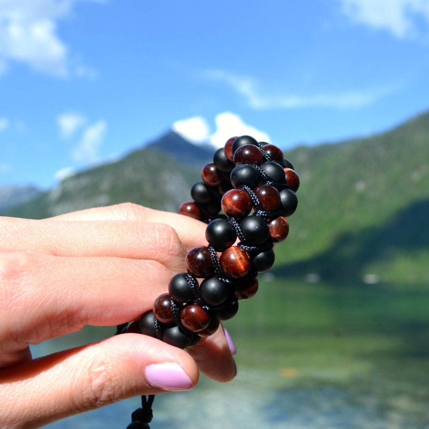 Men's Black Onyx Triple Bracelet Macrame Bracelet Red Tiger's Eye Bracelet 3 Rows Beaded Bracelet Gift for Men Adjustable Stone Bracelet - Shamballa Bracelet - Birthstone Bracelet - Gemstone Bracelet Men - Chakra Bracelet - Macrame Bracelet - Healing Bracelet - Valinde