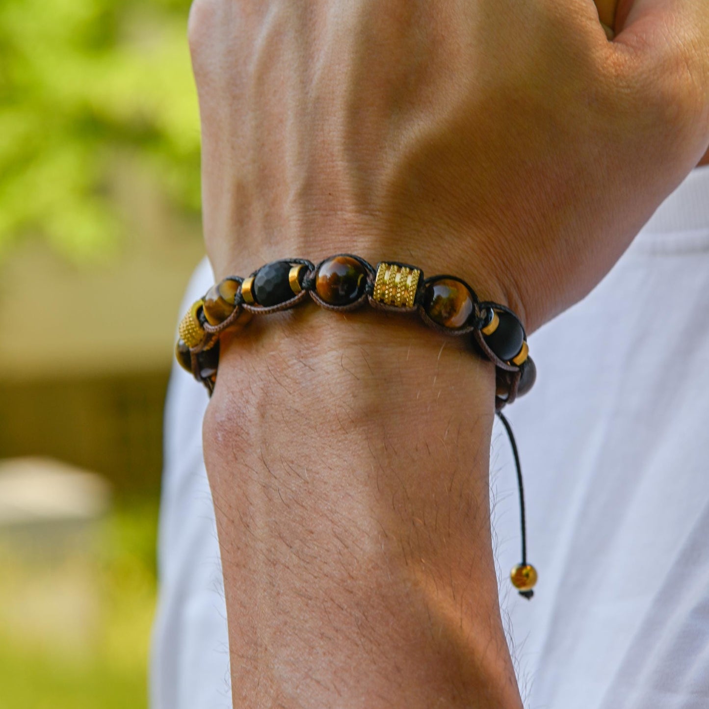 Men's Tiger's Eye Onyx Bracelet, Stainless Steel Braided Macrame Adjustable Bracelet, Handmade Gift Jewelry for Him- Shamballa Bracelet - Mantra Bracelet - Yoga Bracelet - Birthstone Bracelet - Gemstone Bracelet Men - Chakra Bracelet - Macrame Bracelet - Healing Bracelet - Gift for Father - Gift For Men - Valinde