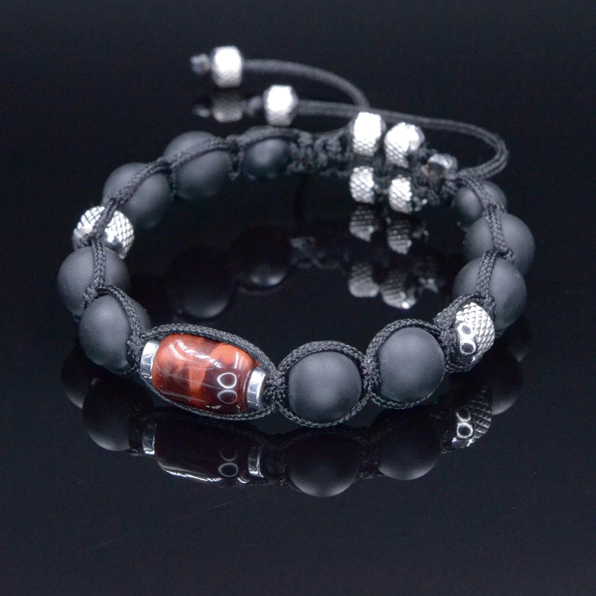 Red Tiger's Eye Bracelet for Men - Men's Black Onyx Bracelet - Stainless Steel Beaded Macrame Bracelet - Adjustable Bracelet - Gift for Men - Shamballa Bracelet - Birthstone Bracelet - Gemstone Bracelet Men - Chakra Bracelet - Macrame Bracelet - Healing Bracelet - Valinde