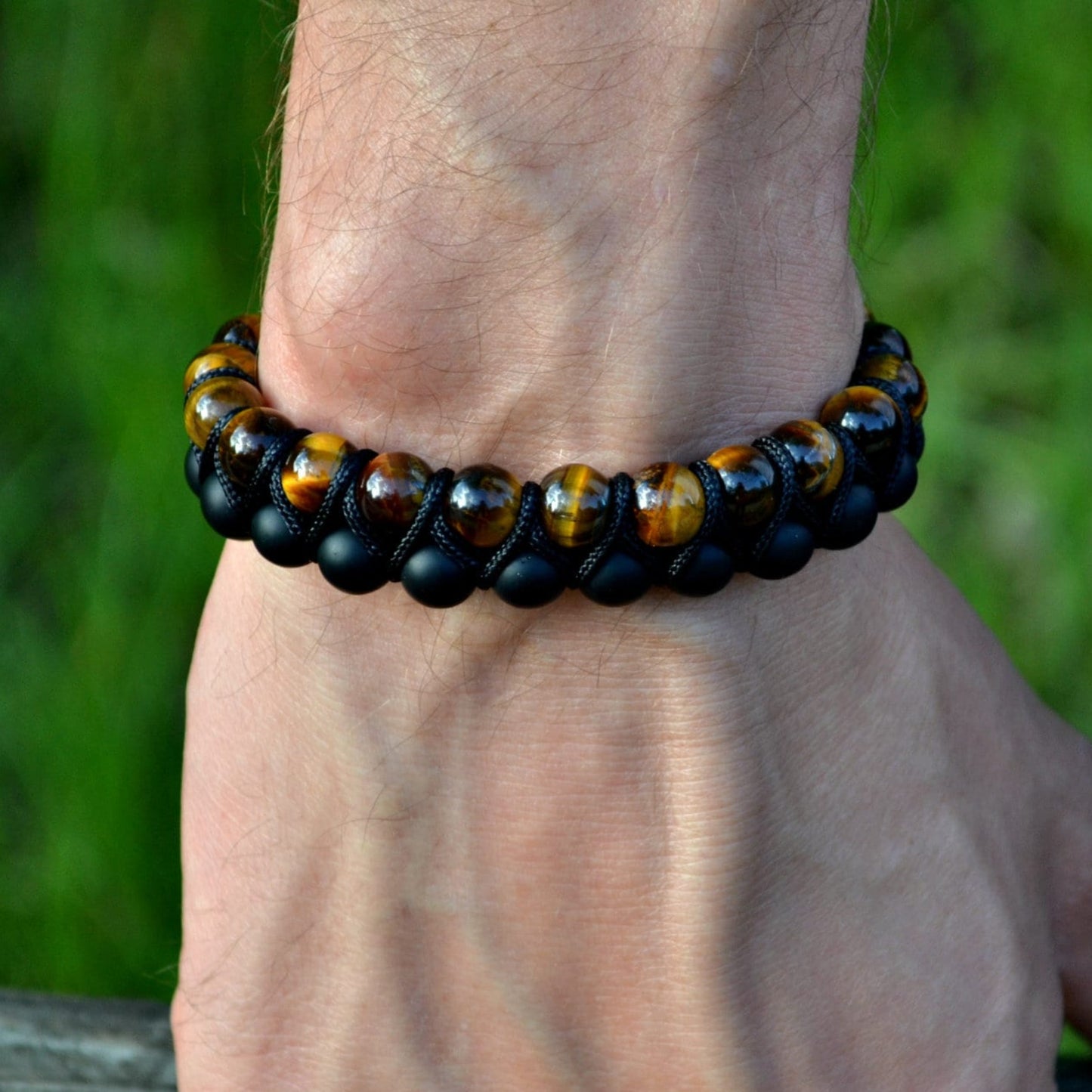 Men's Tiger's Eye Bracelet Double Beaded Bracelet Onyx Bracelet Gemstone Bracelet Gift for Men Adjustable Bracelet Stone Bracelet Macrame - Shamballa Bracelet - Birthstone Bracelet - Gemstone Bracelet Men - Chakra Bracelet - Macrame Bracelet - Healing Bracelet - Valinde