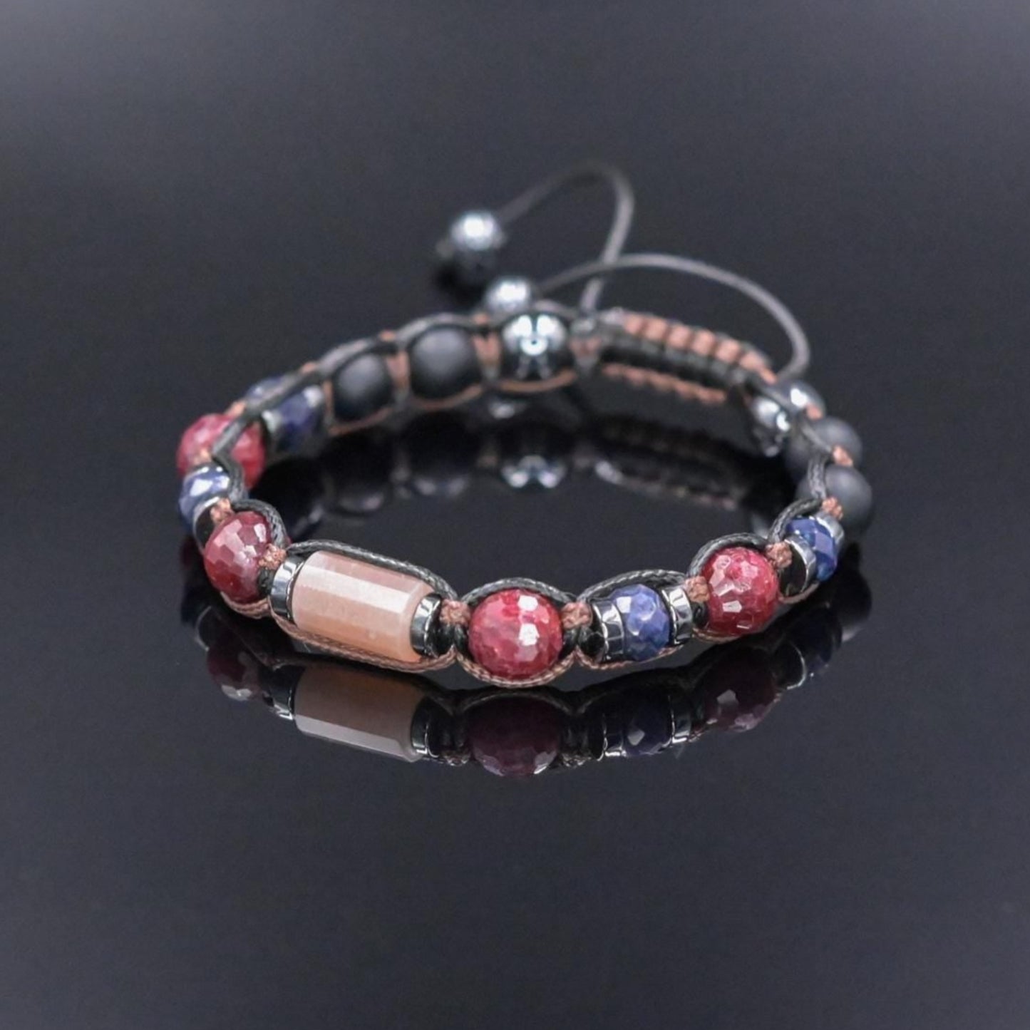 Crystal Bracelet Ruby Sapphire Gemstone Adjustable Bracelet, Men's Energy Bracelet, Black Onyx Sunstone Bead Bracelet, Gift for Men, Braided Bracelet - Shamballa Bracelet - Mantra Bracelet - Birthstone Bracelet - Gemstone Bracelet Men - Chakra Bracelet - Macrame Bracelet - Healing Bracelet - Valinde