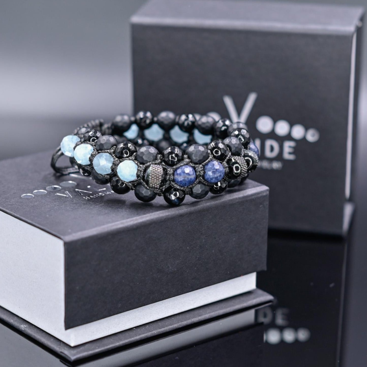 Men's Sapphire Aquamarine Onyx Braided Adjustable Bracelet, Triple Beaded Bracelet, Gift for Him, Luxury Bracelet, Three Row Bracelet- Shamballa Bracelet - Birthstone Bracelet - Gemstone Bracelet Men - Chakra Bracelet - Macrame Bracelet - Healing Bracelet - Valinde