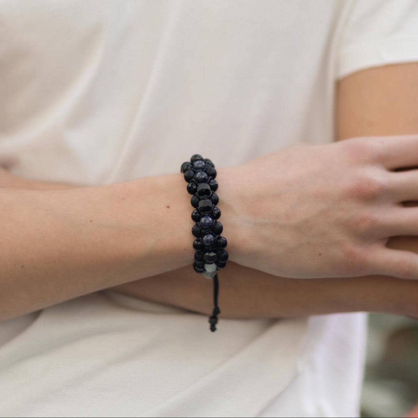 Men's Sapphire Aquamarine Onyx Braided Adjustable Bracelet, Triple Beaded Bracelet, Gift for Him, Luxury Bracelet, Three Row Bracelet- Shamballa Bracelet - Birthstone Bracelet - Gemstone Bracelet Men - Chakra Bracelet - Macrame Bracelet - Healing Bracelet - Valinde