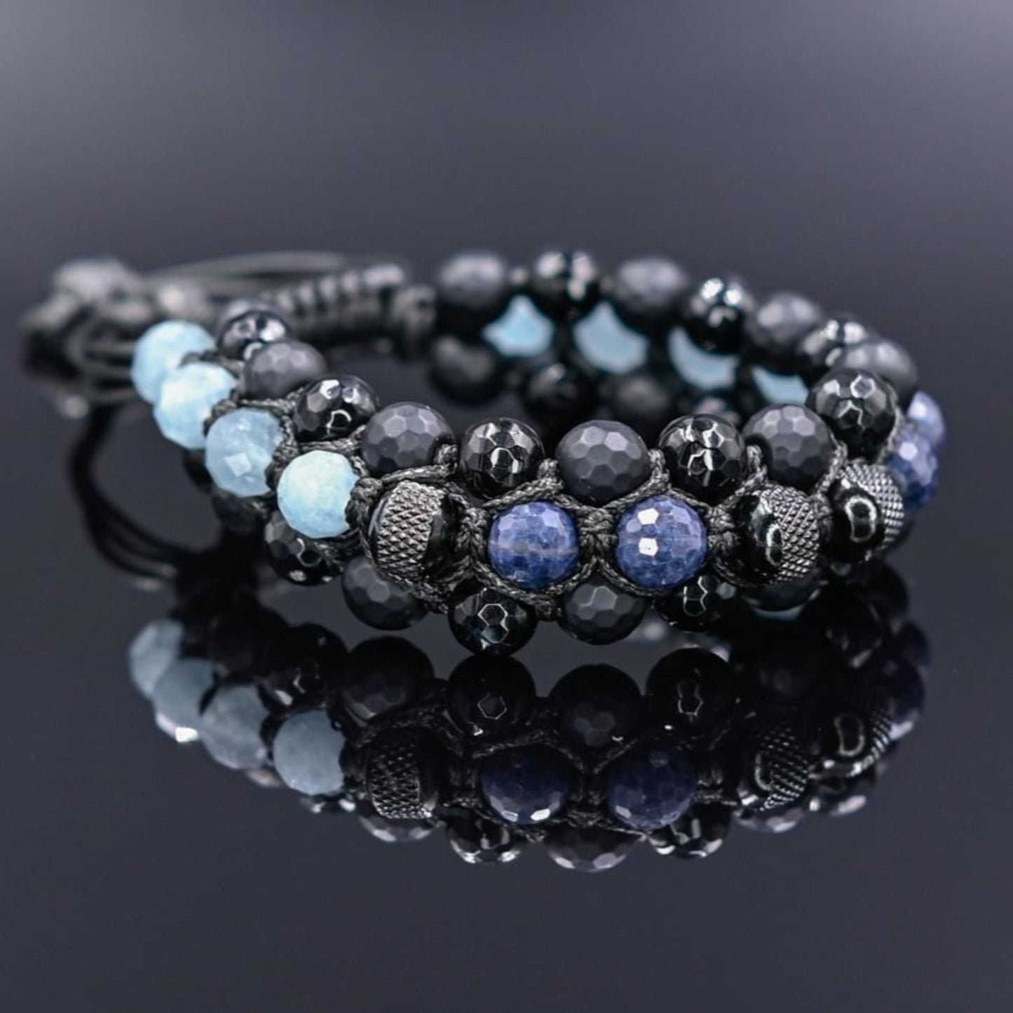 Men's Sapphire Aquamarine Onyx Braided Adjustable Bracelet, Triple Beaded Bracelet, Gift for Him, Luxury Bracelet, Three Row Bracelet- Shamballa Bracelet - Birthstone Bracelet - Gemstone Bracelet Men - Chakra Bracelet - Macrame Bracelet - Healing Bracelet - Valinde
