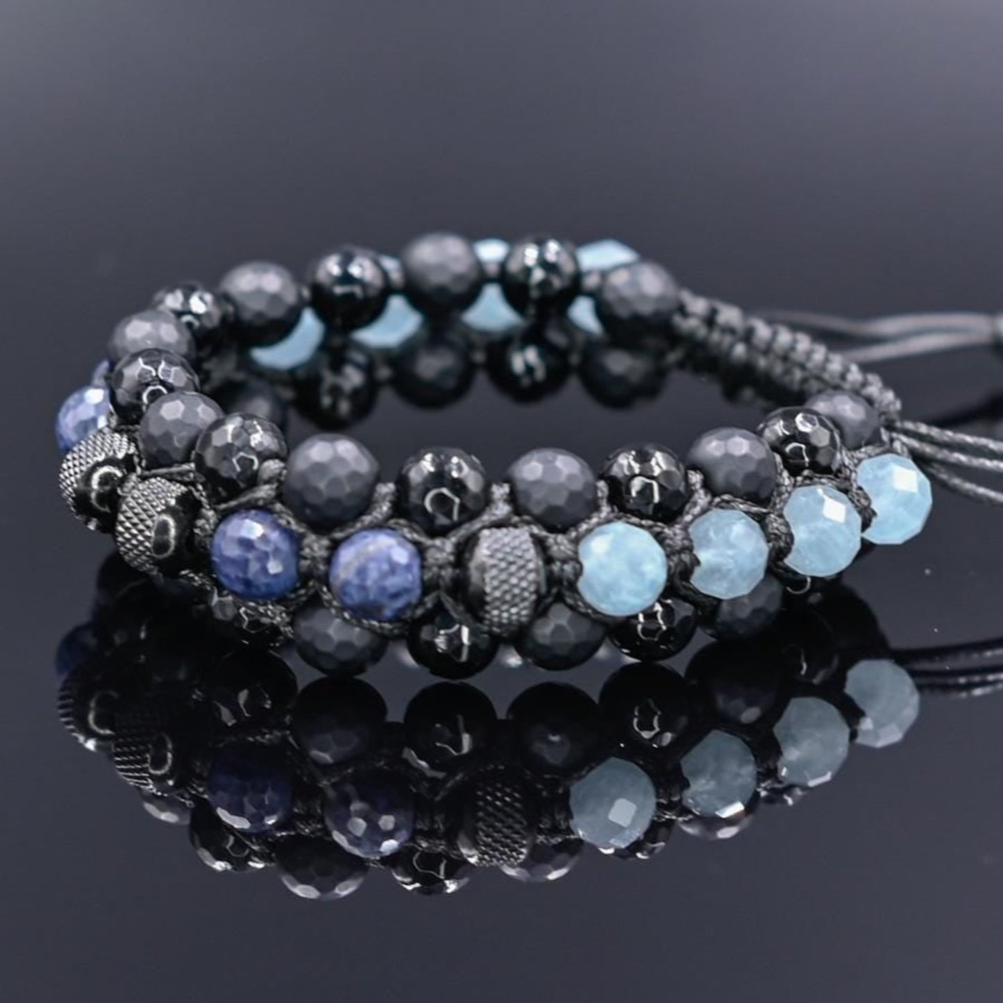 Men's Sapphire Aquamarine Onyx Braided Adjustable Bracelet, Triple Beaded Bracelet, Gift for Him, Luxury Bracelet, Three Row Bracelet- Shamballa Bracelet - Birthstone Bracelet - Gemstone Bracelet Men - Chakra Bracelet - Macrame Bracelet - Healing Bracelet - Valinde