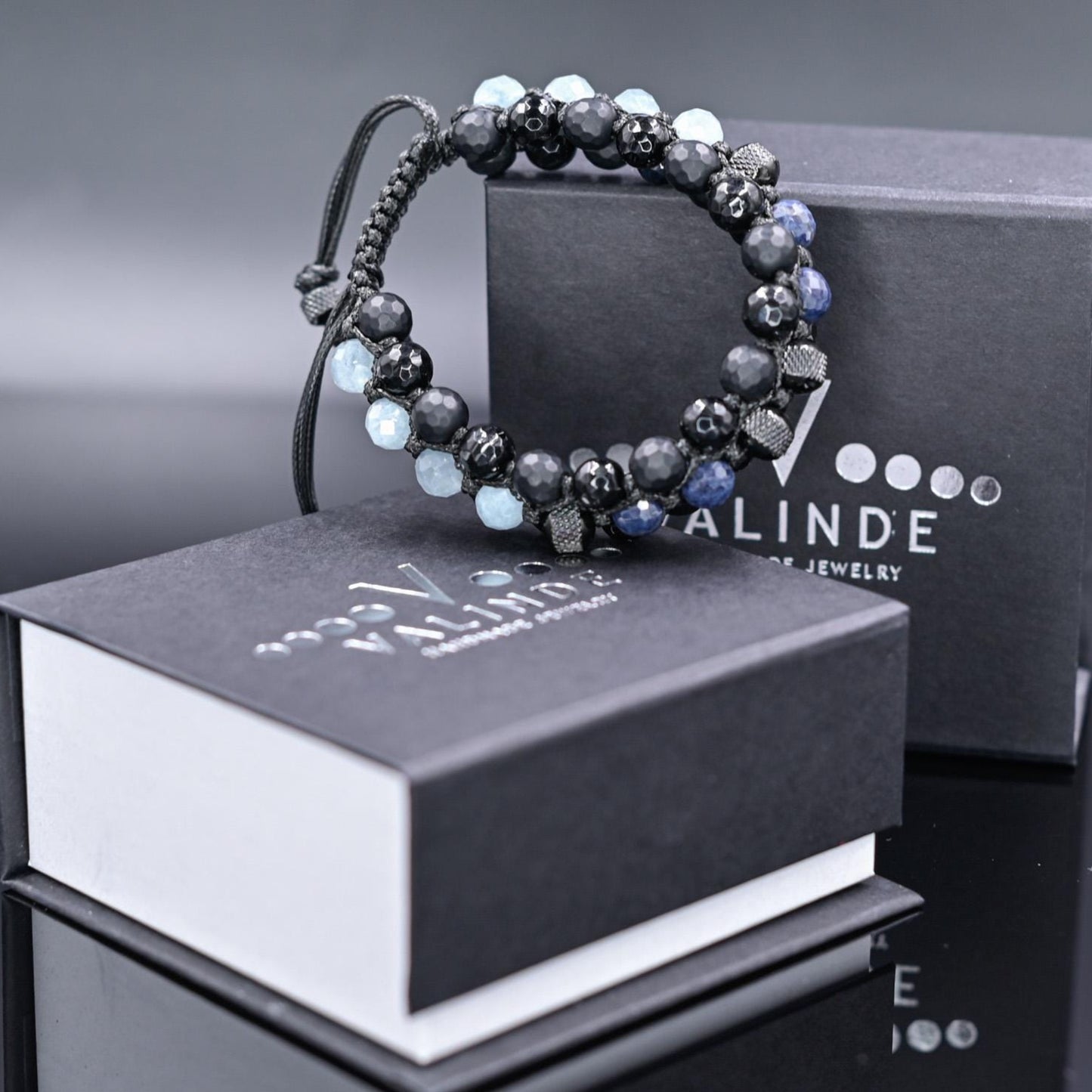 Men's Sapphire Aquamarine Onyx Braided Adjustable Bracelet, Triple Beaded Bracelet, Gift for Him, Luxury Bracelet, Three Row Bracelet- Shamballa Bracelet - Birthstone Bracelet - Gemstone Bracelet Men - Chakra Bracelet - Macrame Bracelet - Healing Bracelet - Valinde