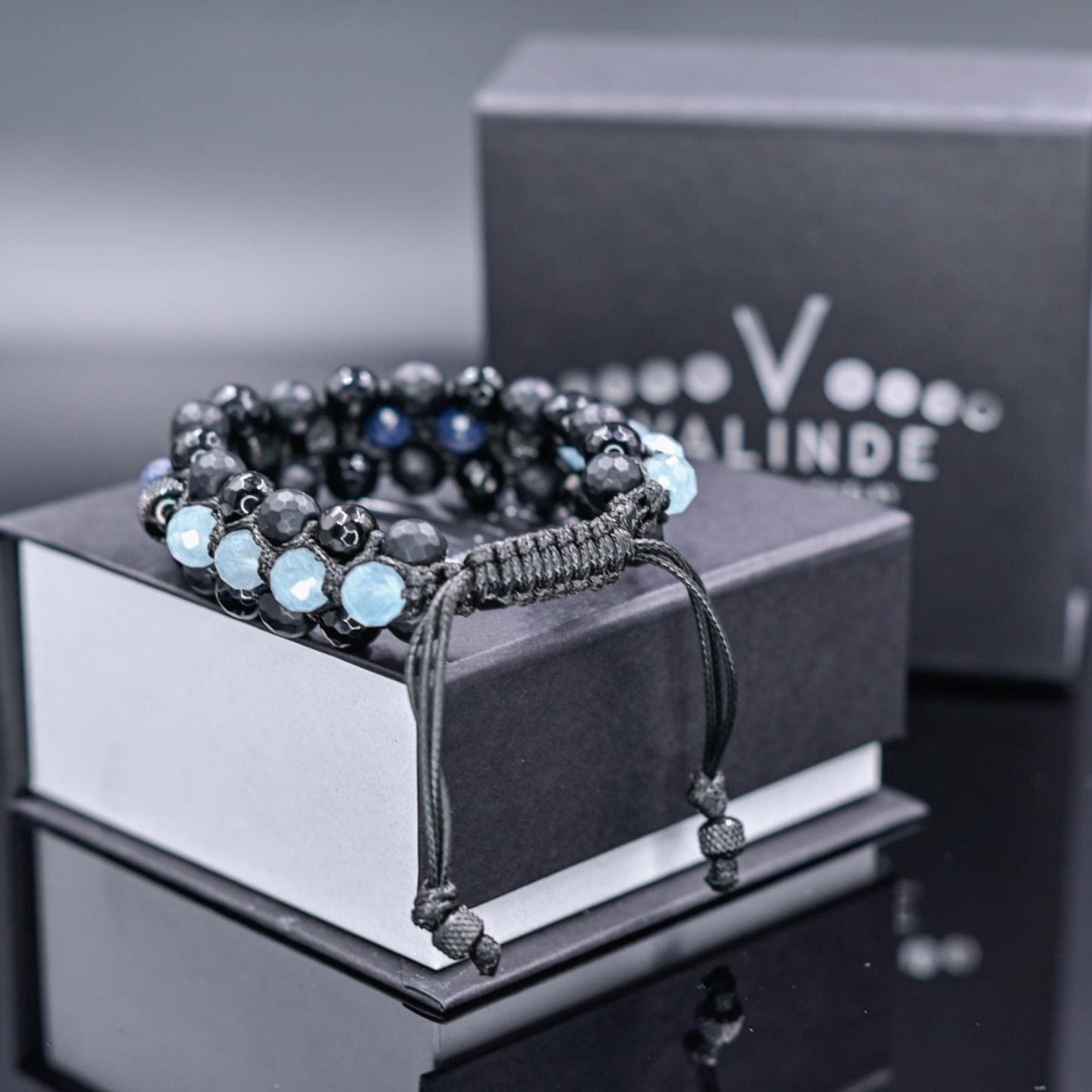 Men's Sapphire Aquamarine Onyx Braided Adjustable Bracelet, Triple Beaded Bracelet, Gift for Him, Luxury Bracelet, Three Row Bracelet- Shamballa Bracelet - Birthstone Bracelet - Gemstone Bracelet Men - Chakra Bracelet - Macrame Bracelet - Healing Bracelet - Valinde