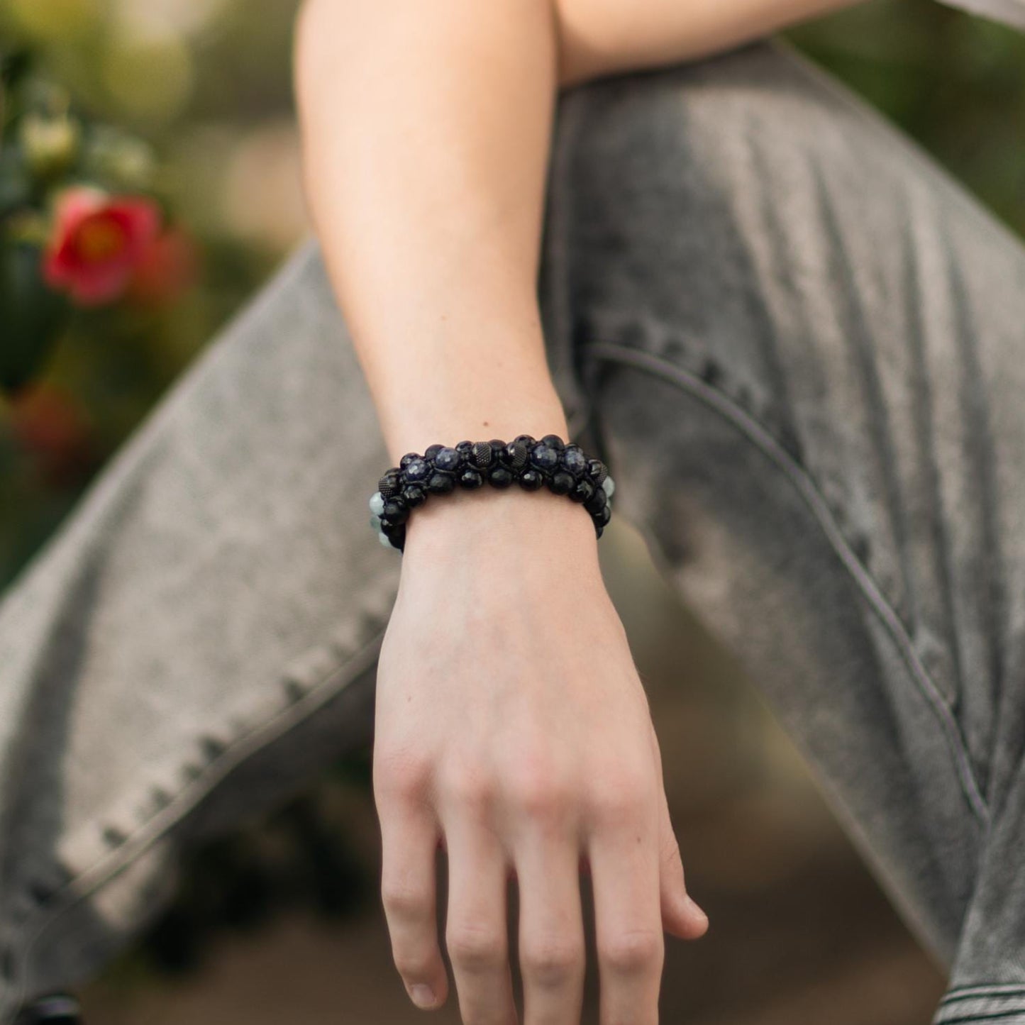 Men's Sapphire Aquamarine Onyx Braided Adjustable Bracelet, Triple Beaded Bracelet, Gift for Him, Luxury Bracelet, Three Row Bracelet- Shamballa Bracelet - Birthstone Bracelet - Gemstone Bracelet Men - Chakra Bracelet - Macrame Bracelet - Healing Bracelet - Valinde