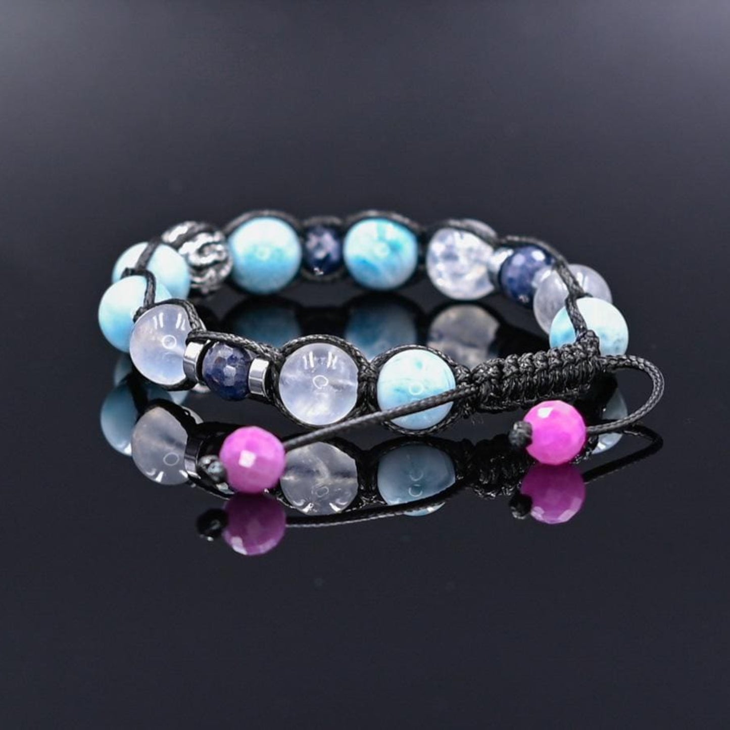 Genuine Larimar Sapphire Ruby Moonstone Braided Bracelet, Men's 925 Silver Bead Bracelet, Luxury Gemstone Adjustable Bracelet, Gift for Men - Shamballa Bracelet - Birthstone Bracelet - Gemstone Bracelet Men - Chakra Bracelet - Macrame Bracelet - Healing Bracelet - Valinde