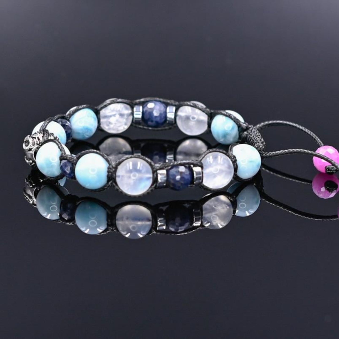 Genuine Larimar Sapphire Ruby Moonstone Braided Bracelet, Men's 925 Silver Bead Bracelet, Luxury Gemstone Adjustable Bracelet, Gift for Men - Shamballa Bracelet - Birthstone Bracelet - Gemstone Bracelet Men - Chakra Bracelet - Macrame Bracelet - Healing Bracelet - Valinde