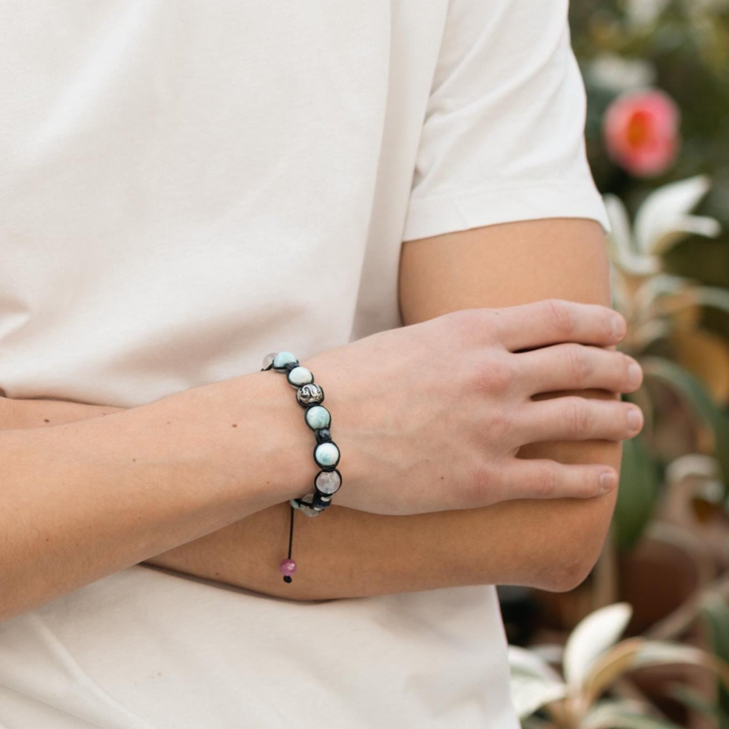 Genuine Larimar Sapphire Ruby Moonstone Braided Bracelet, Men's 925 Silver Bead Bracelet, Luxury Gemstone Adjustable Bracelet, Gift for Men - Shamballa Bracelet - Birthstone Bracelet - Gemstone Bracelet Men - Chakra Bracelet - Macrame Bracelet - Healing Bracelet - Valinde