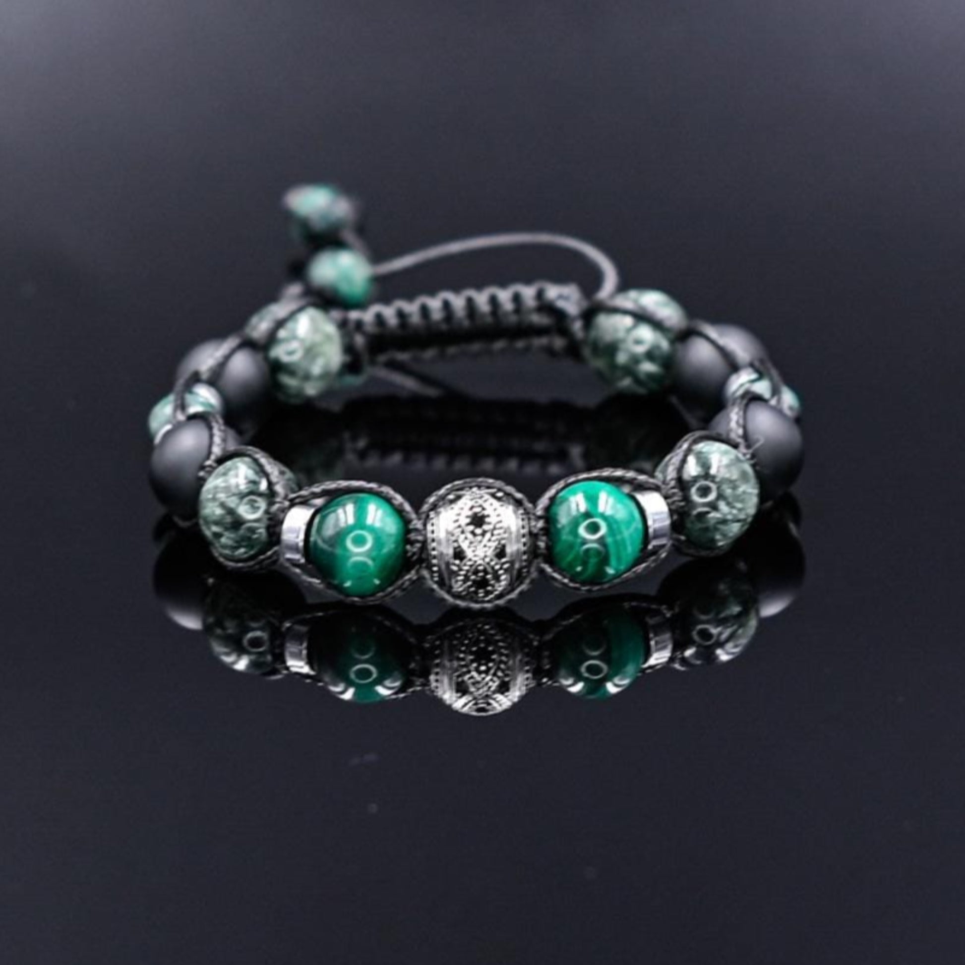 Emerald Seraphinite Malachite Birthstone Bracelet, Men's 925 Silver Bead Bracelet, Adjustable Onyx Braided Bracelet, Luxury Bracelet for Men  - Shamballa Bracelet - Mantra Bracelet  -  Birthstone Bracelet - Gemstone Bracelet Men - Chakra Bracelet - Macrame Bracelet - Healing Bracelet - Valinde