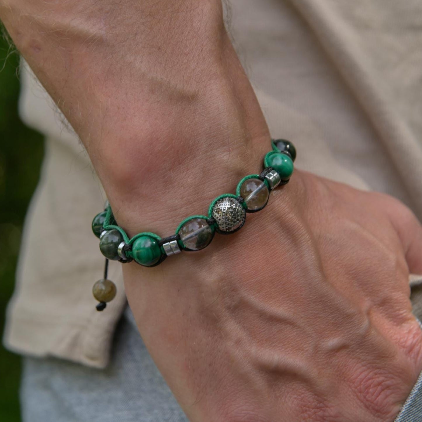 Genuine Malachite Bracelet - 925 Sterling Silver Bead Bracelet - Seraphinite & Moss Quartz Bracelet - Macrame Adjustable Bracelet - Man Gift - Shamballa Bracelet - Mantra Bracelet - Birthstone Bracelet - Gemstone Bracelet Men - Chakra Bracelet - Macrame Bracelet - Healing Bracelet - Valinde