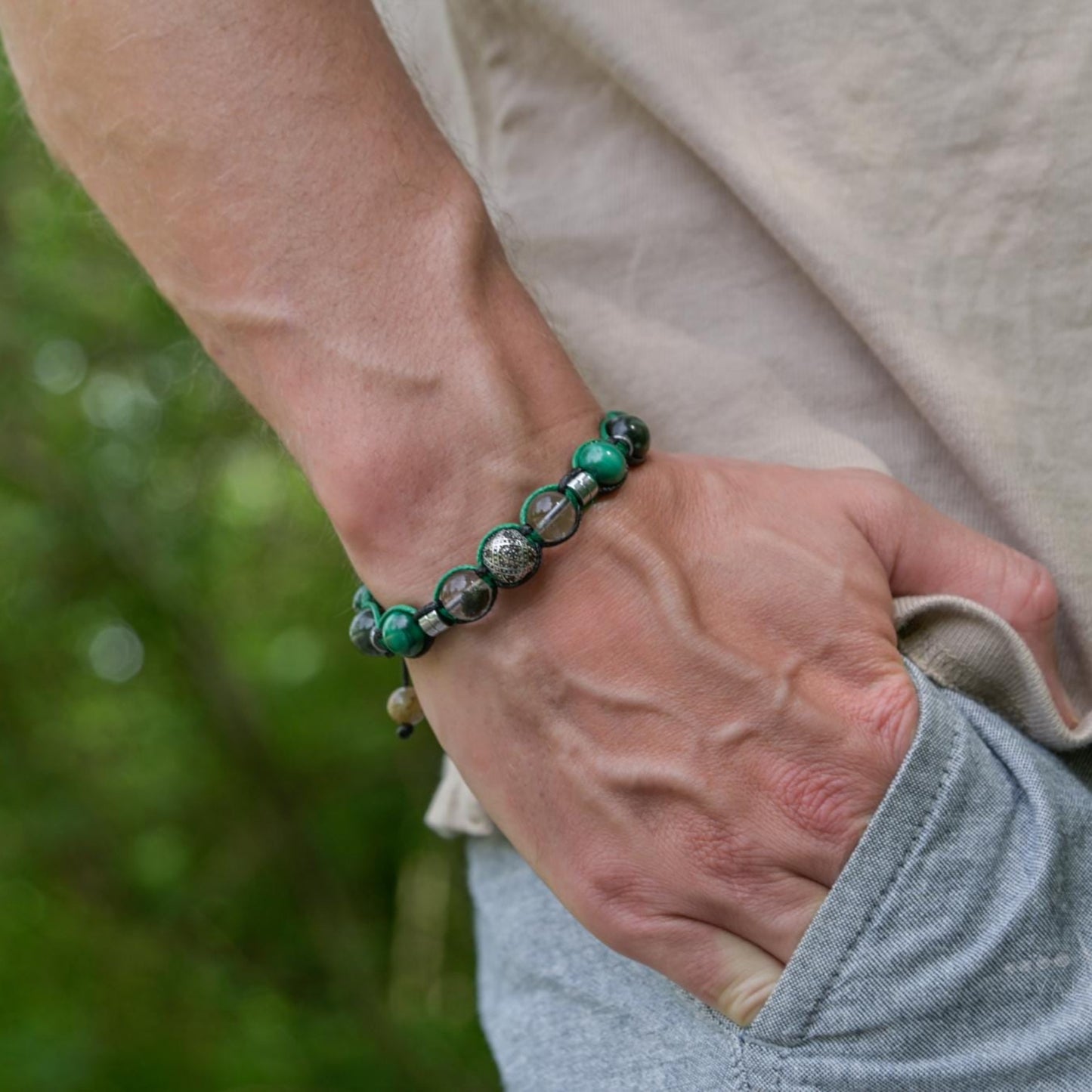 Genuine Malachite Bracelet - 925 Sterling Silver Bead Bracelet - Seraphinite & Moss Quartz Bracelet - Macrame Adjustable Bracelet - Man Gift - Shamballa Bracelet - Mantra Bracelet - Birthstone Bracelet - Gemstone Bracelet Men - Chakra Bracelet - Macrame Bracelet - Healing Bracelet - Valinde