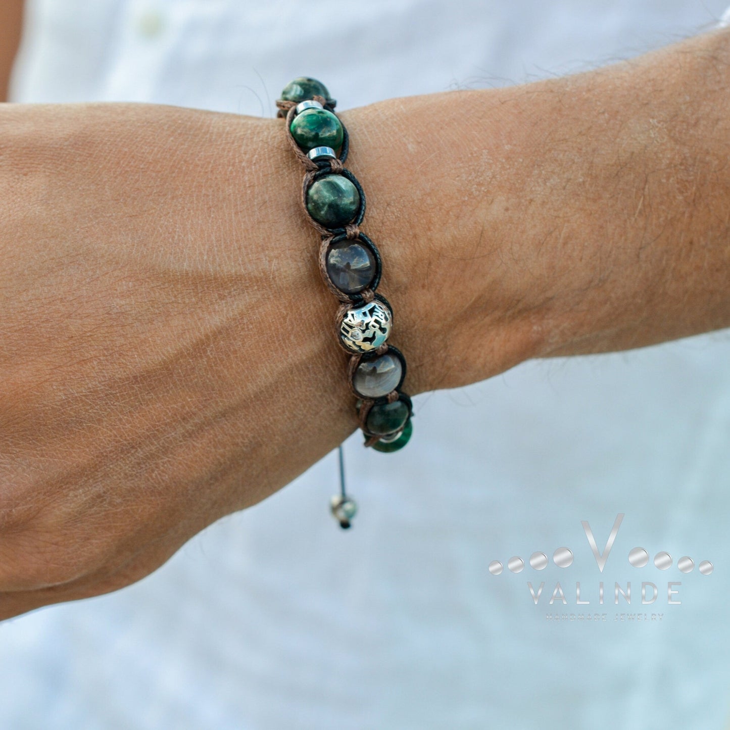 Seraphinite & Malachite Bracelet Man 925 Sterling Silver Bead Bracelet Gift for Men Men's Botswana Agate Crystal Bracelet Gemstone Bracelet - Shamballa Bracelet - Birthstone Bracelet - Gemstone Bracelet Men - Chakra Bracelet - Macrame Bracelet - Healing Bracelet - Valinde
