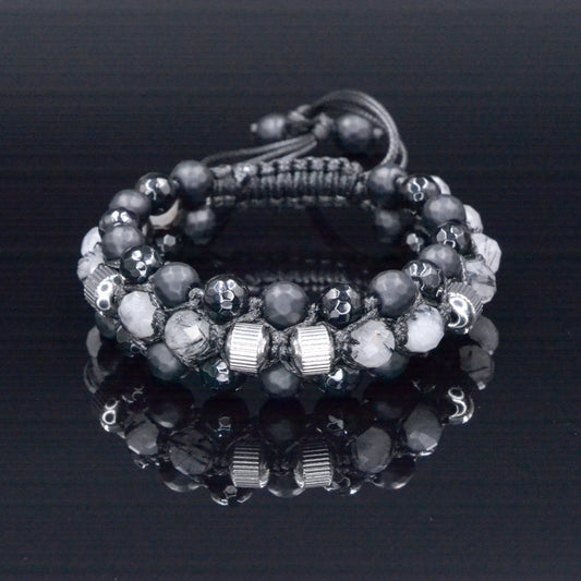 Quartz Agate Triple Bracelet - Men's Three Rows Adjustable Bracelet - Quartz Agate Gemstone Bracelet - Gift for Men - Wide Bead Bracelet - Shamballa Bracelet - Birthstone Bracelet - Gemstone Bracelet Men - Chakra Bracelet - Macrame Bracelet - Healing Bracelet - Valinde