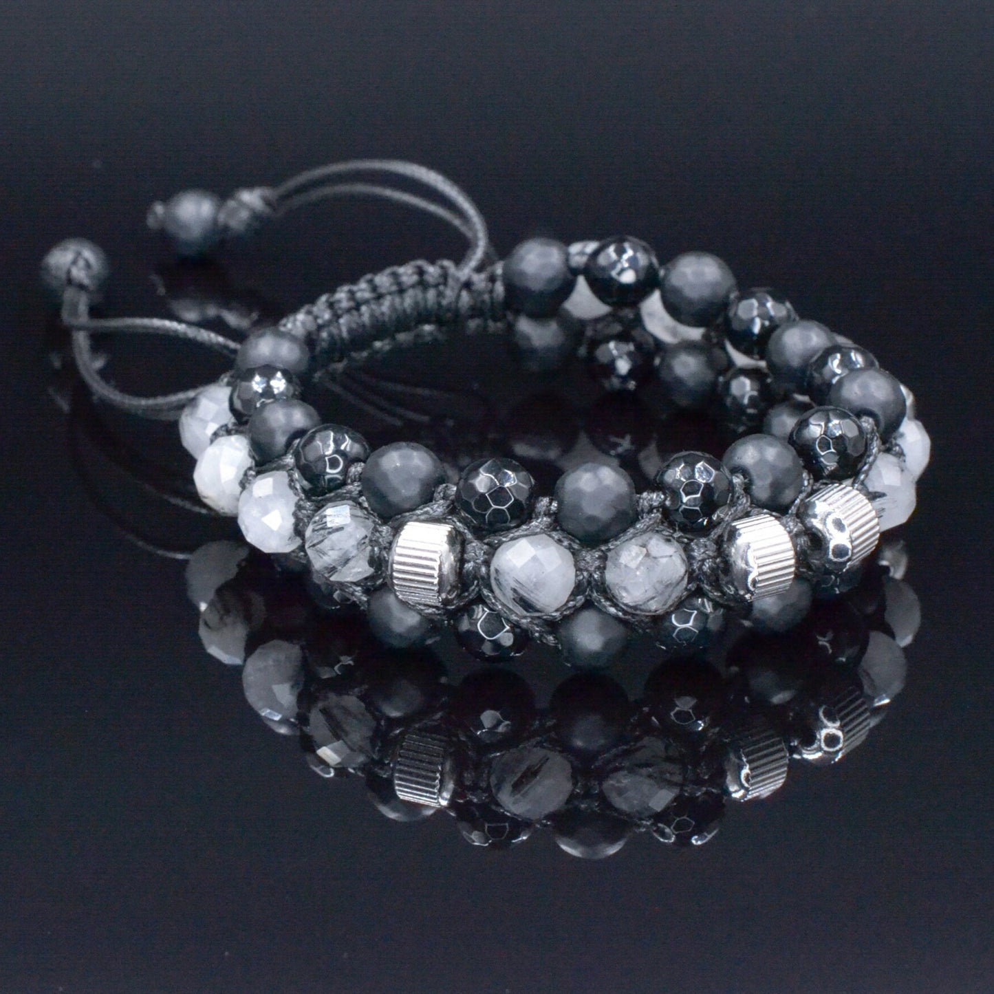 Quartz Agate Triple Bracelet - Men's Three Rows Adjustable Bracelet - Quartz Agate Gemstone Bracelet - Gift for Men - Wide Bead Bracelet - Shamballa Bracelet - Birthstone Bracelet - Gemstone Bracelet Men - Chakra Bracelet - Macrame Bracelet - Healing Bracelet - Valinde