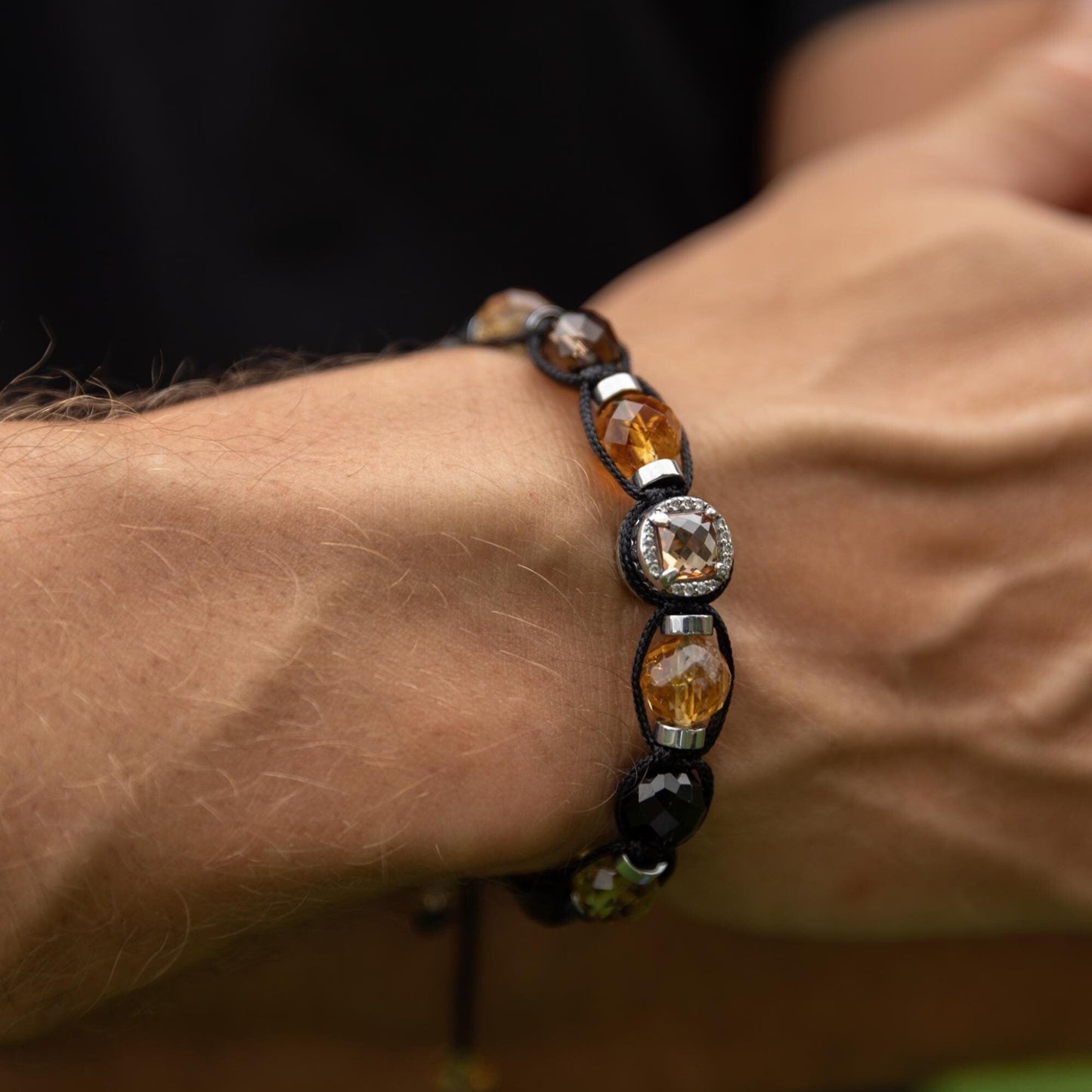 Natural Citrine Bracelet Men, Men's 925 Silver Bead Bracelet, Smoky Quartz Bracelet, Anniversary Gift, Gift for Men, Adjustable Bracelet - Shamballa Bracelet - Birthstone Bracelet - Gemstone Bracelet Men - Chakra Bracelet