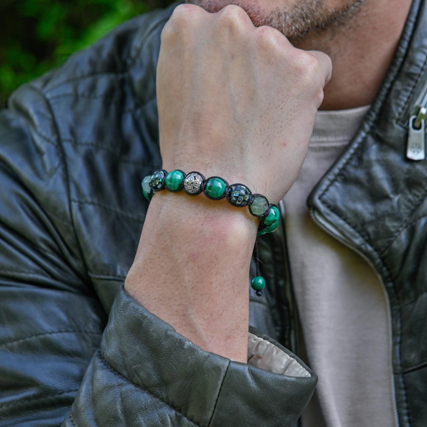 Men's Malachite & Abalone Shell 925 Sterling Silver Bead Gemstone Bracelet, Healing Crystal Jewelry, Gift for Him - Shamballa Bracelet - Mantra Bracelet - Yoga Bracelet - Birthstone Bracelet - Gemstone Bracelet Men - Chakra Bracelet - Macrame Bracelet - Healing Bracelet - Gift for Father - Gift For Men - Valinde