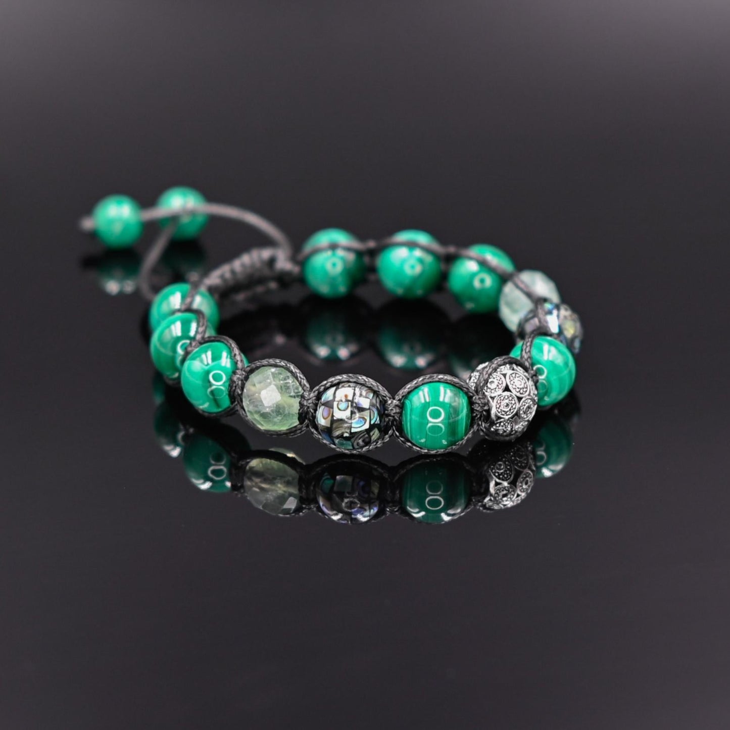 Men's Malachite & Abalone Shell 925 Sterling Silver Bead Gemstone Bracelet, Healing Crystal Jewelry, Gift for Him - Shamballa Bracelet - Mantra Bracelet - Yoga Bracelet - Birthstone Bracelet - Gemstone Bracelet Men - Chakra Bracelet - Macrame Bracelet - Healing Bracelet - Gift for Father - Gift For Men - Valinde
