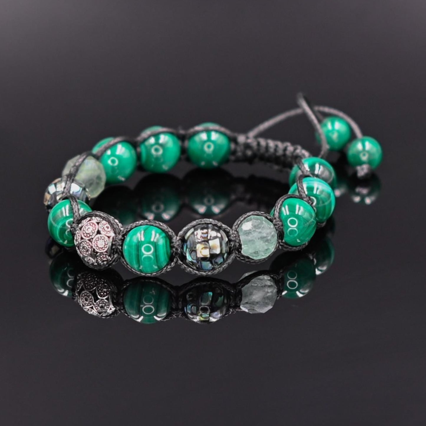 Men's Malachite & Abalone Shell 925 Sterling Silver Bead Gemstone Bracelet, Healing Crystal Jewelry, Gift for Him - Shamballa Bracelet - Mantra Bracelet - Yoga Bracelet - Birthstone Bracelet - Gemstone Bracelet Men - Chakra Bracelet - Macrame Bracelet - Healing Bracelet - Gift for Father - Gift For Men - Valinde