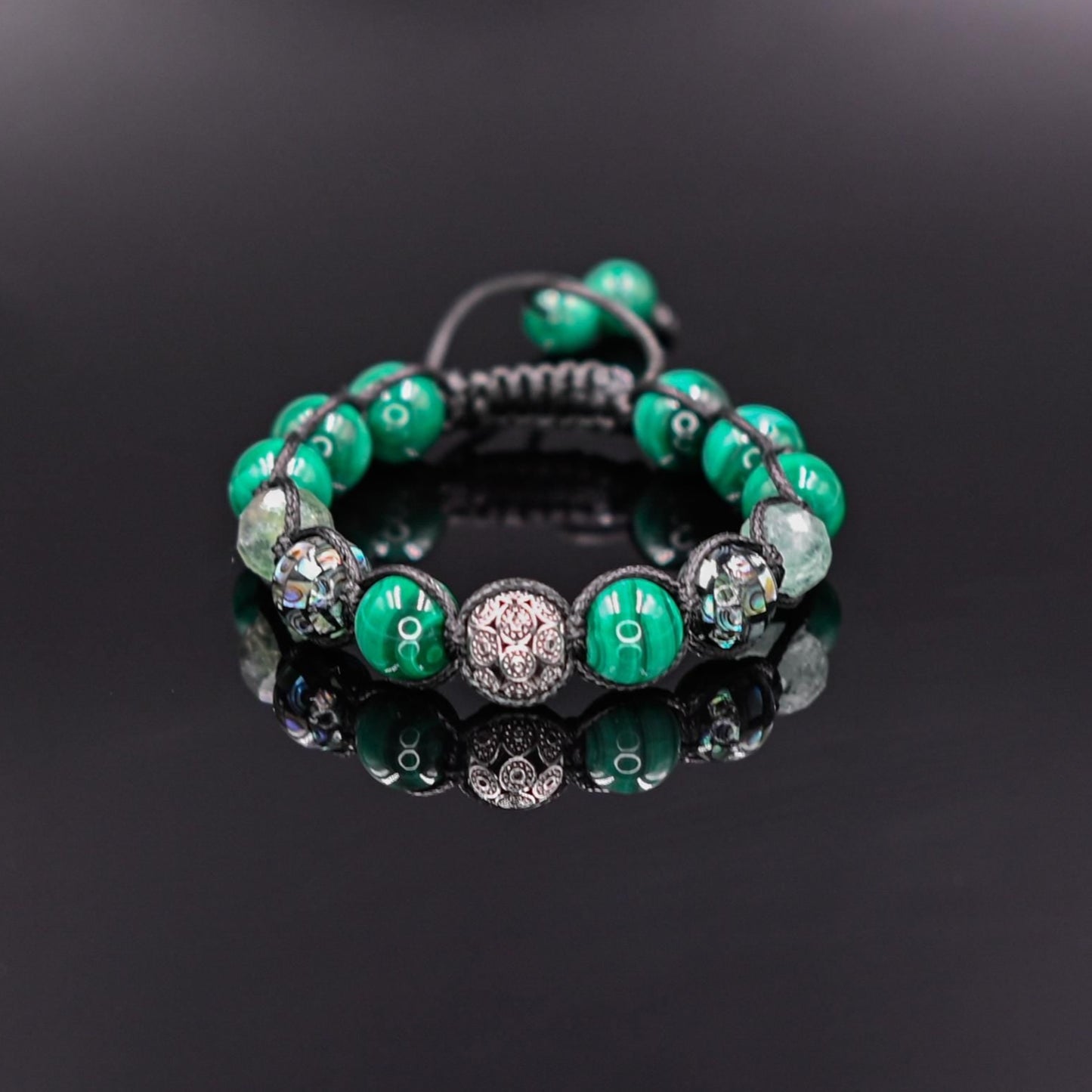 Men's Malachite & Abalone Shell 925 Sterling Silver Bead Gemstone Bracelet, Healing Crystal Jewelry, Gift for Him - Shamballa Bracelet - Mantra Bracelet - Yoga Bracelet - Birthstone Bracelet - Gemstone Bracelet Men - Chakra Bracelet - Macrame Bracelet - Healing Bracelet - Gift for Father - Gift For Men - Valinde