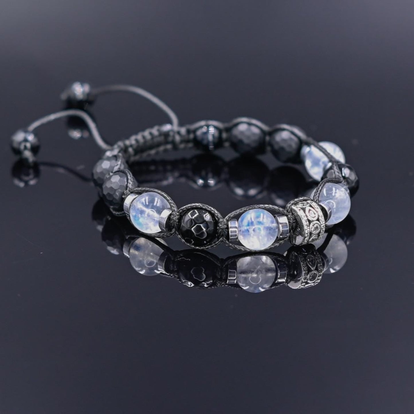 Natural Moonstone Bracelet for Men - Men's 925 Silver Bead Bracelet - Gift for Men - Onyx Bracelet - Adjustable Macrame Bracelet - - Healing Bracelet - Birthstone Bracelet - Gemstone Bracelet Men - Chakra Bracelet