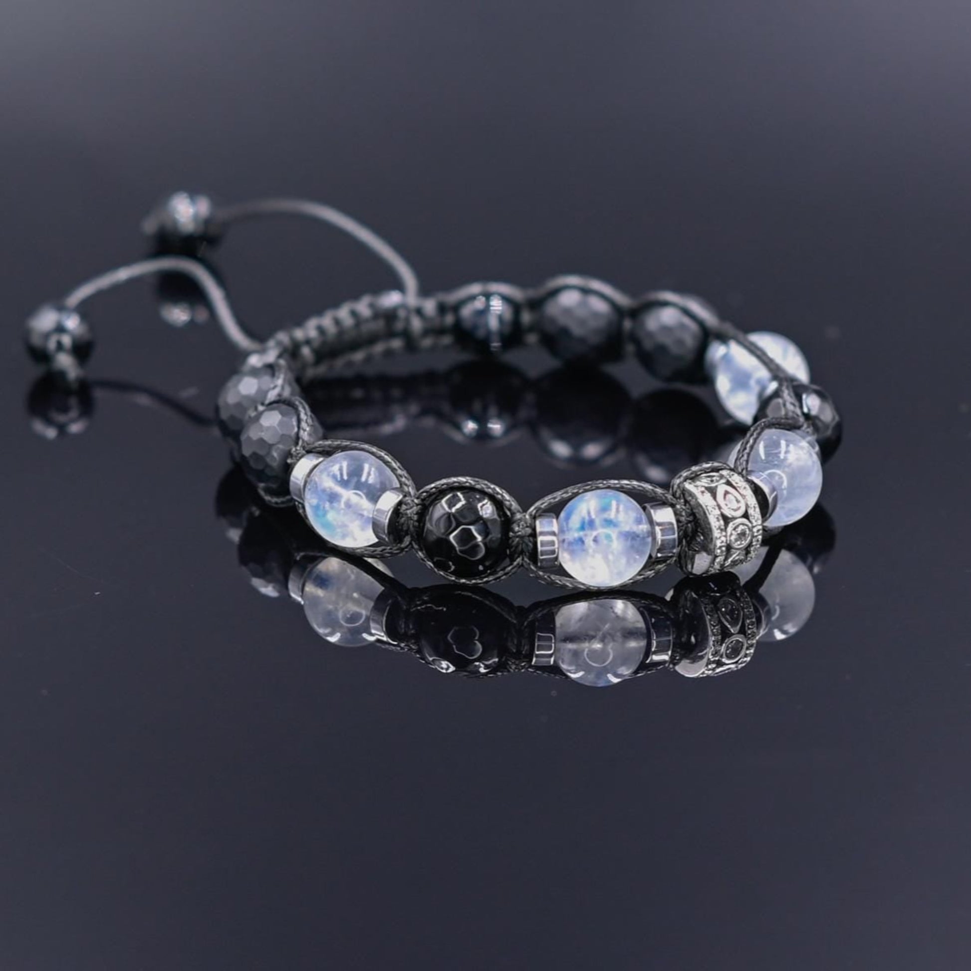 Natural Moonstone Bracelet for Men - Men's 925 Silver Bead Bracelet - Gift for Men - Onyx Bracelet - Adjustable Macrame Bracelet - - Healing Bracelet  - Birthstone Bracelet - Gemstone Bracelet Men - Chakra Bracelet