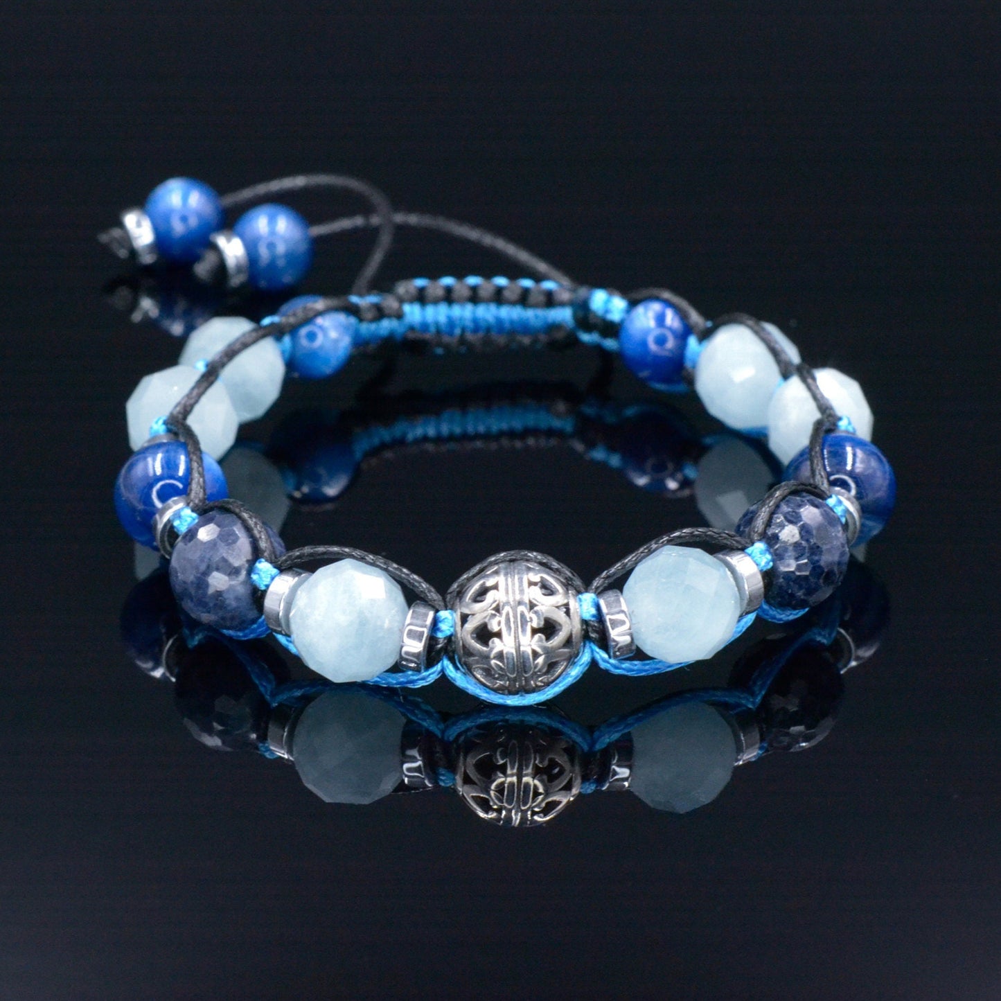 Sapphire Bracelet Men - Men's Kyanite Aquamarine Gemstone Bracelet - 925 Silver Bead Bracelet - Gift foe Men - Adjustable Crystal Bracelet - - Macrame Beaded Bracelet - Birthstone Bracelet - Gemstone Bracelet Men - Chakra Bracelet